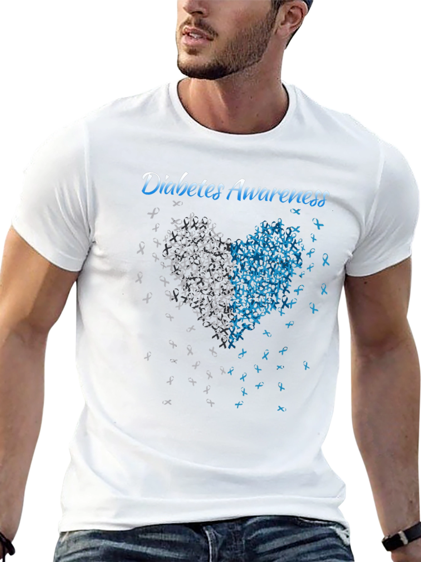 Diabetes Awareness Heart Ribbon Graphic Tee - Black