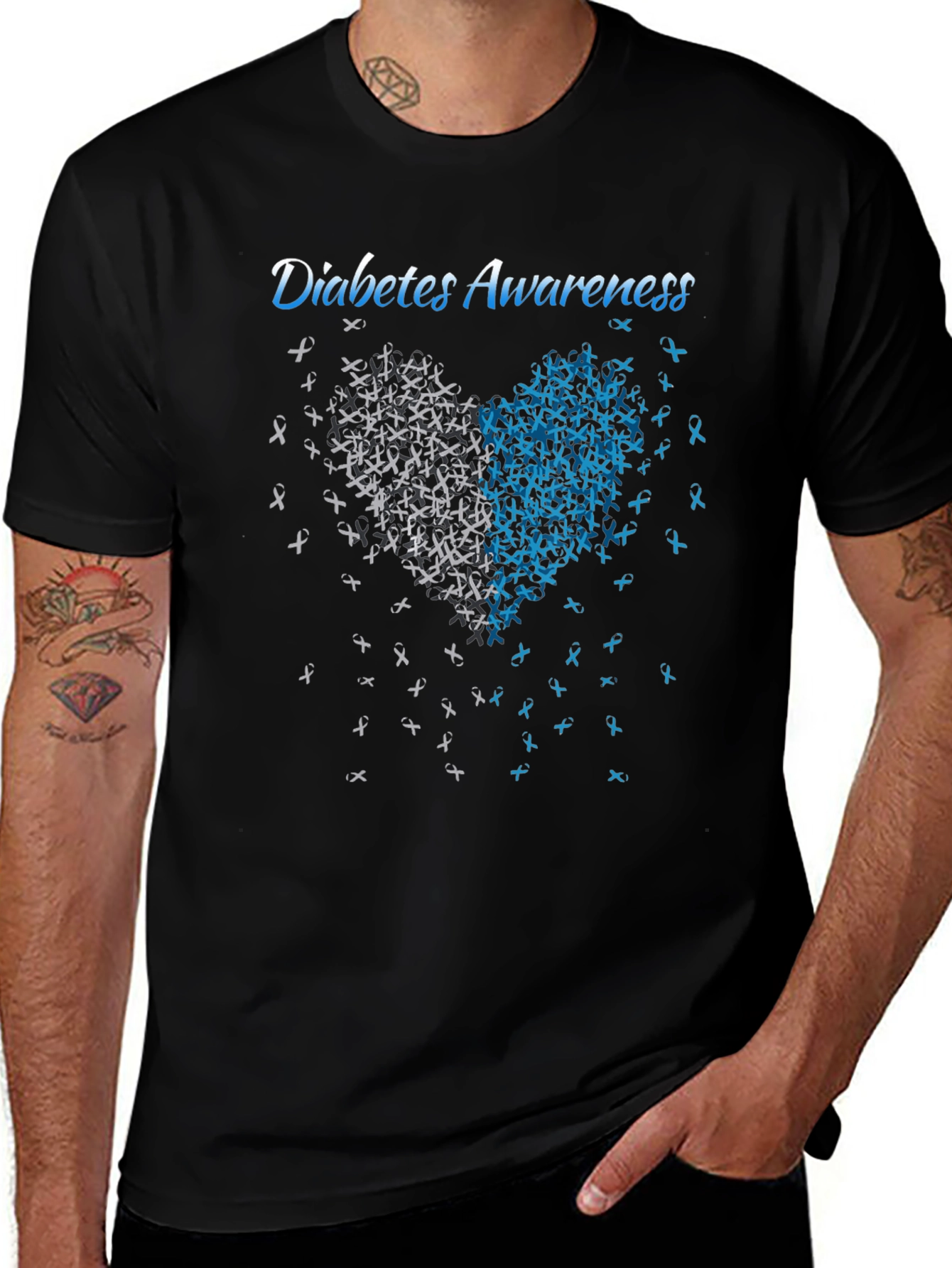 Diabetes Awareness Heart Ribbon Graphic Tee - Black