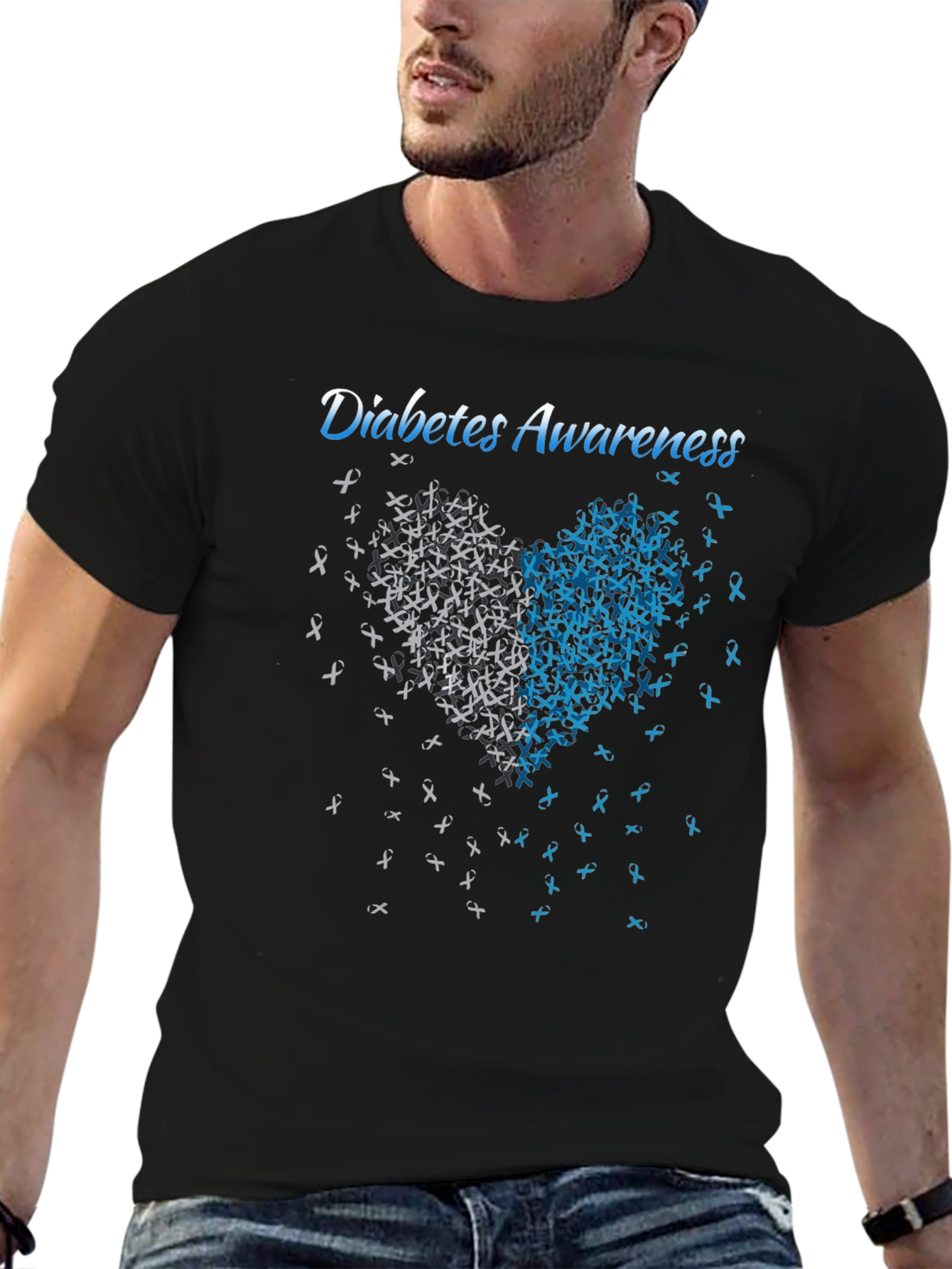 Diabetes Awareness Heart Ribbon Graphic Tee - Black