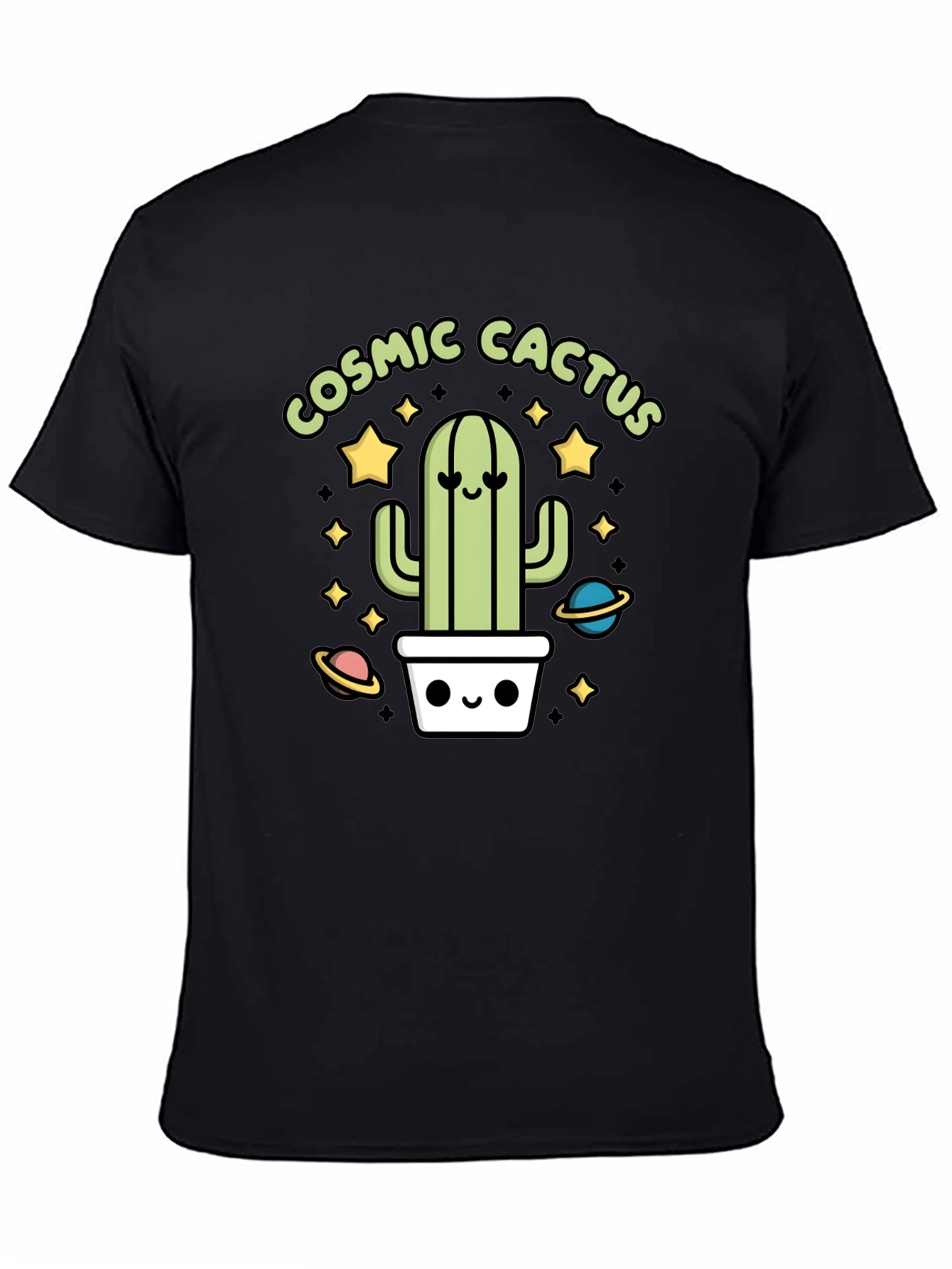Cosmic Cactus Graphic Tee - Black Cotton T-Shirt