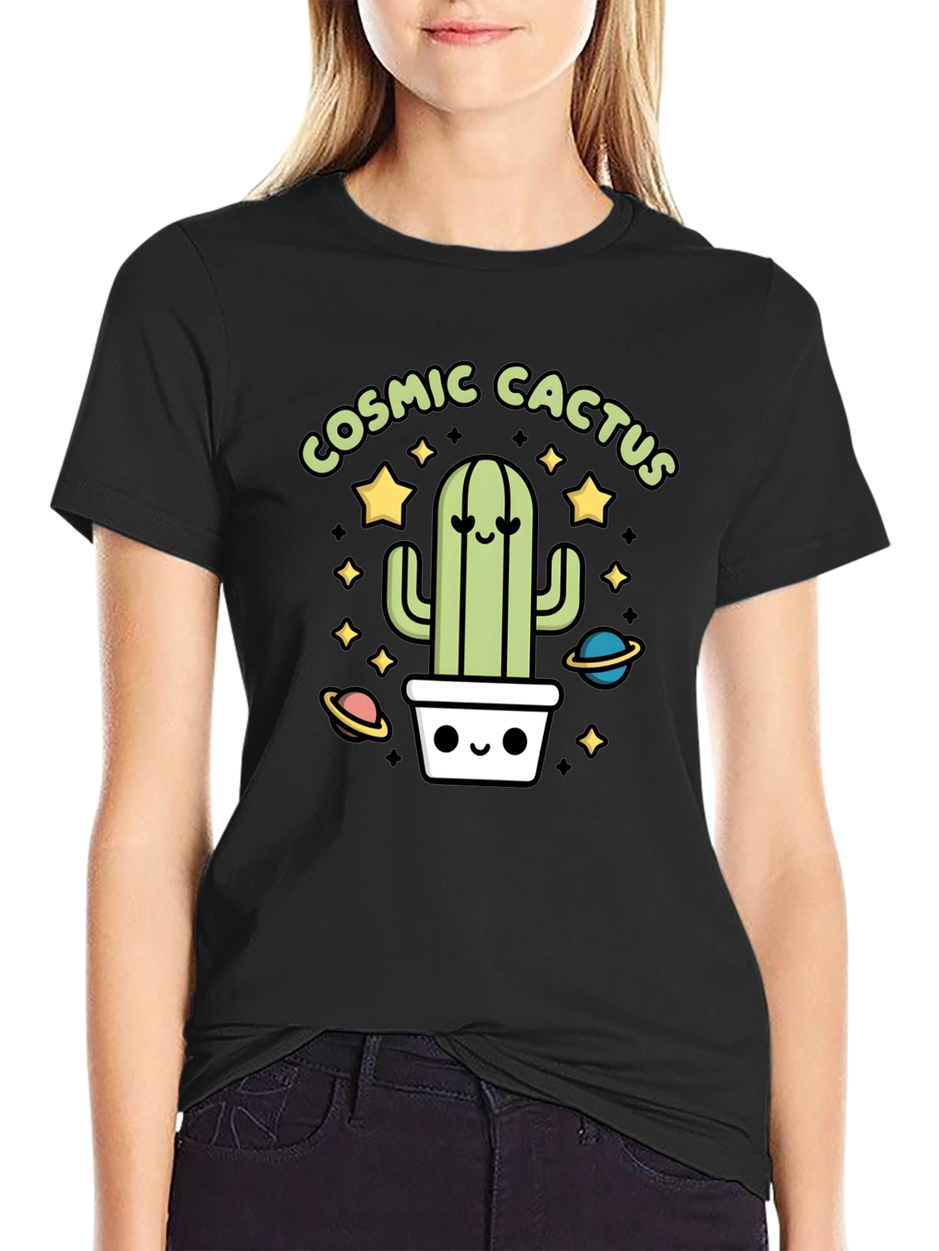 Cosmic Cactus Graphic Tee - Black Cotton T-Shirt