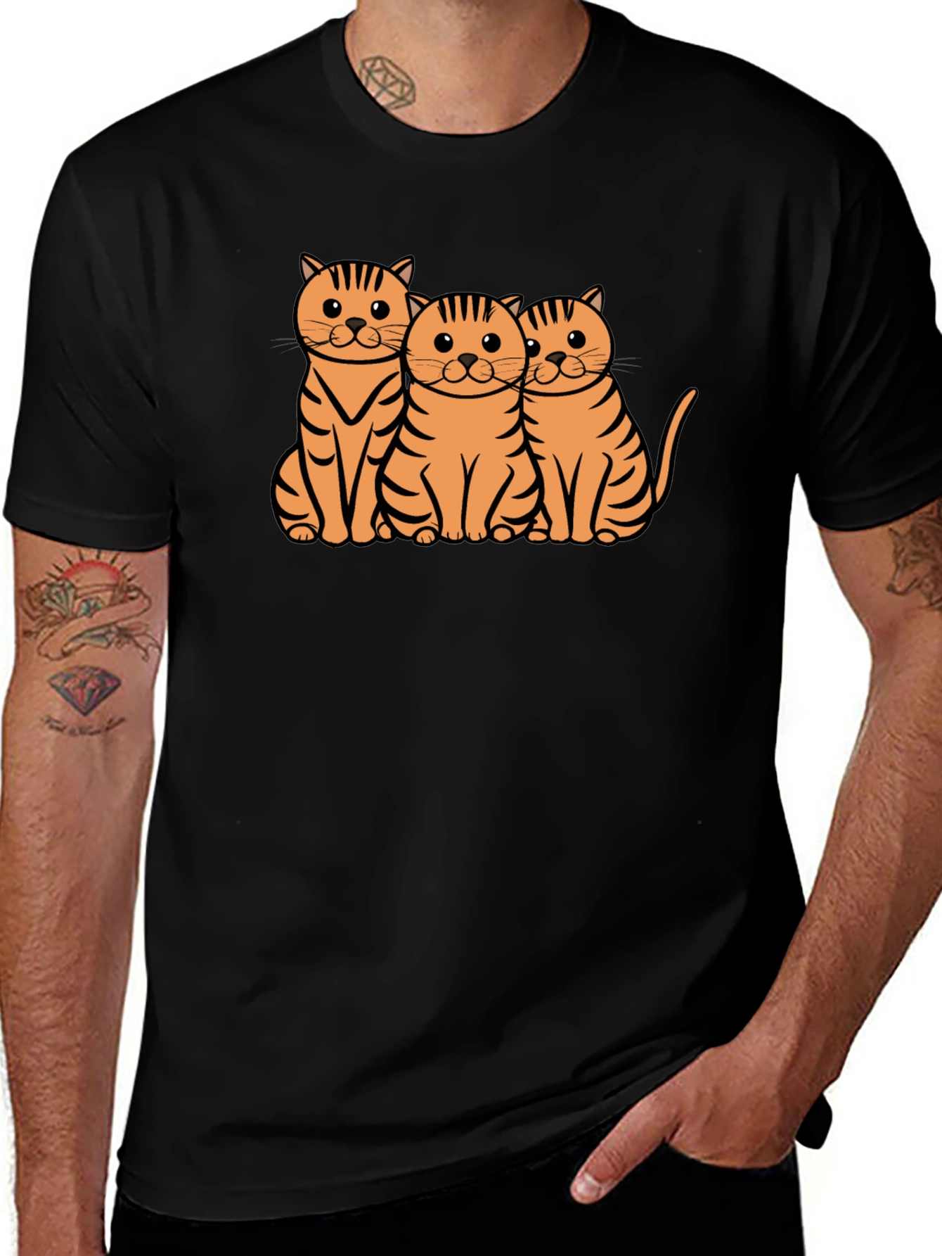 Cute Three Cats Graphic Tee - Black