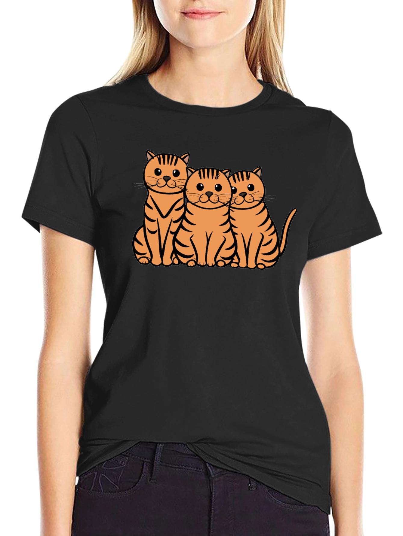 Cute Three Cats Graphic Tee - Black