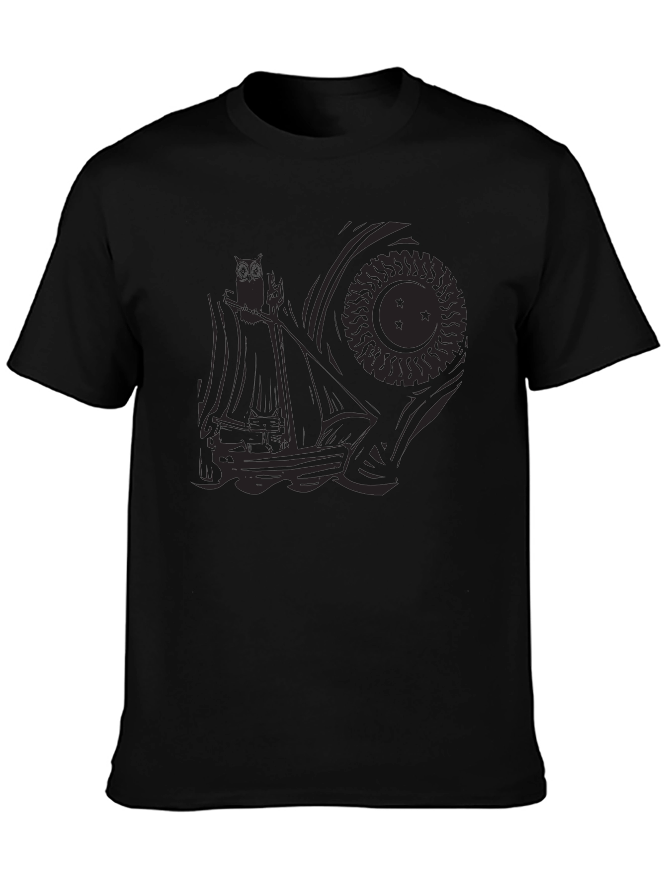 Mens Black Graphic Tee - Ship and Sun Design