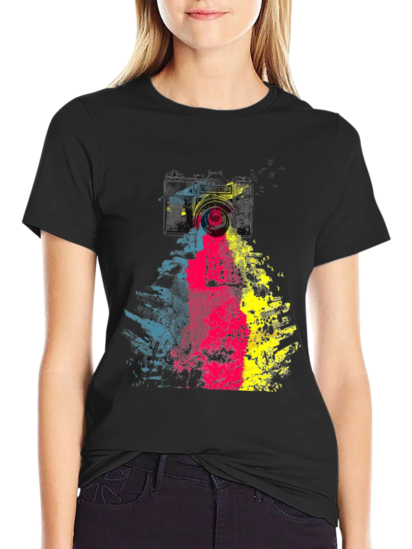 Camera Graphic Print Mens Black T-Shirt