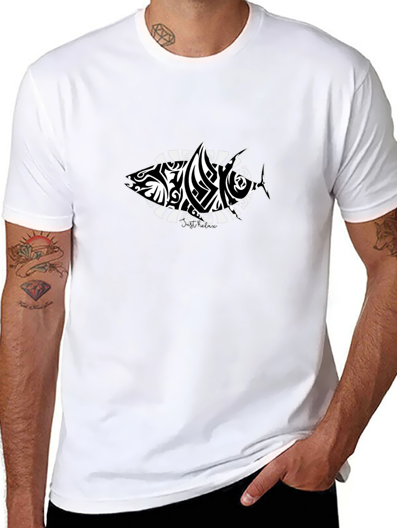 Tribal Fish Graphic T-Shirt - Black