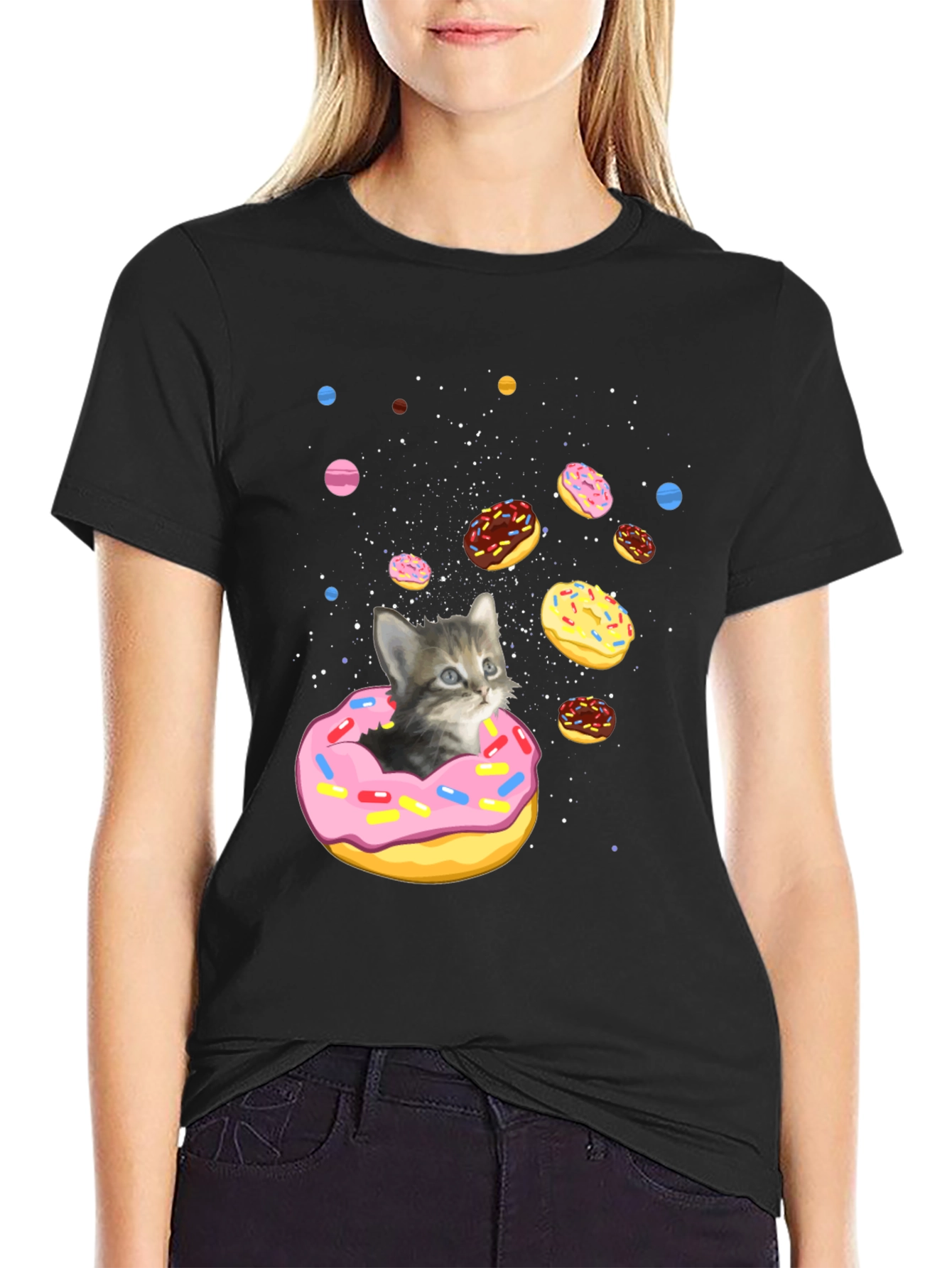 Cosmic Cat Donut Black T-Shirt