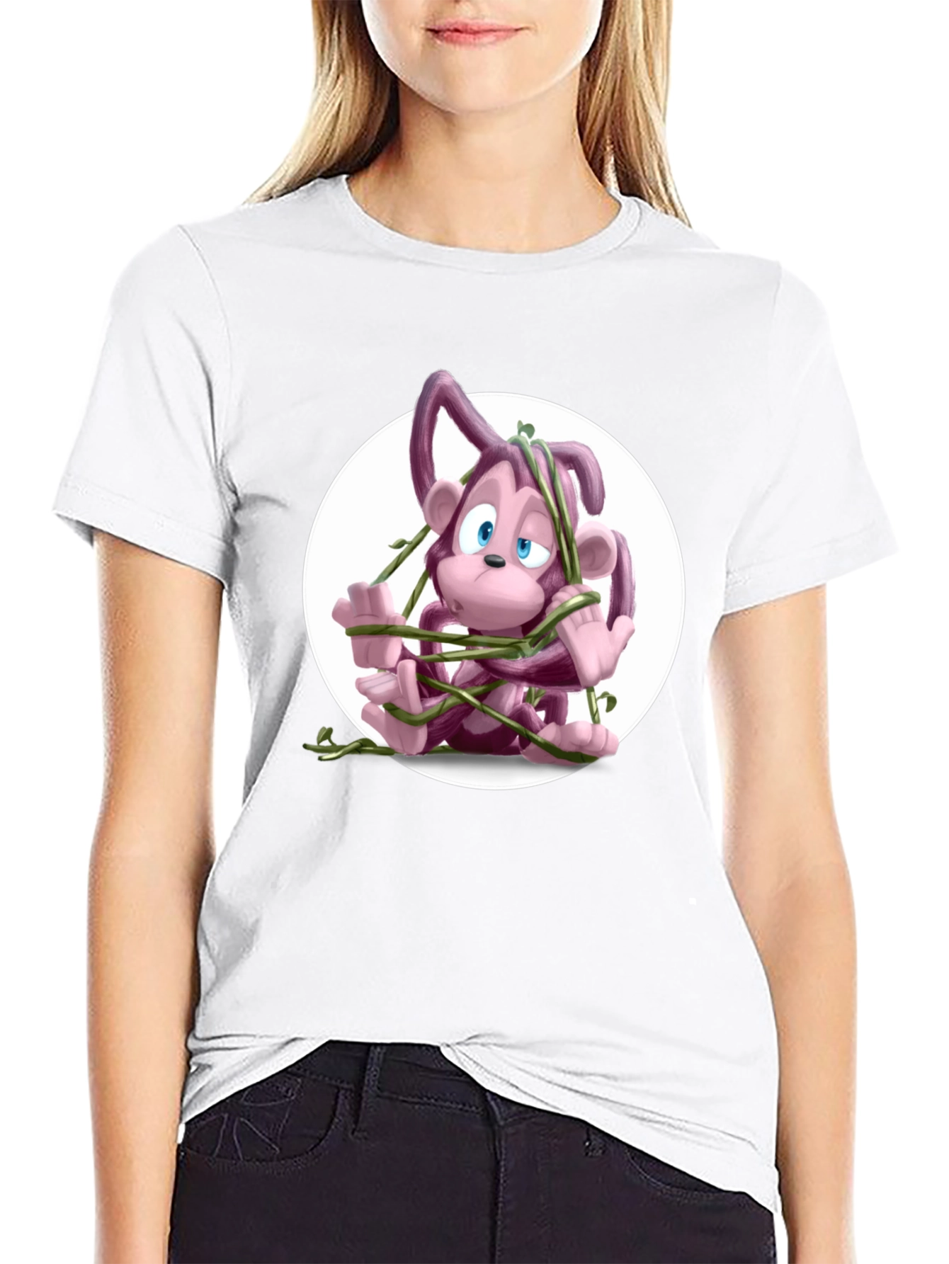 Cartoon Monkey Vines Graphic Tee - Casual Cool