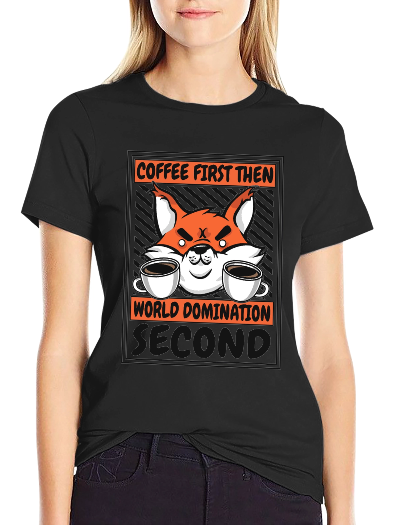 Coffee First Then World Domination Fox Graphic T-Shirt