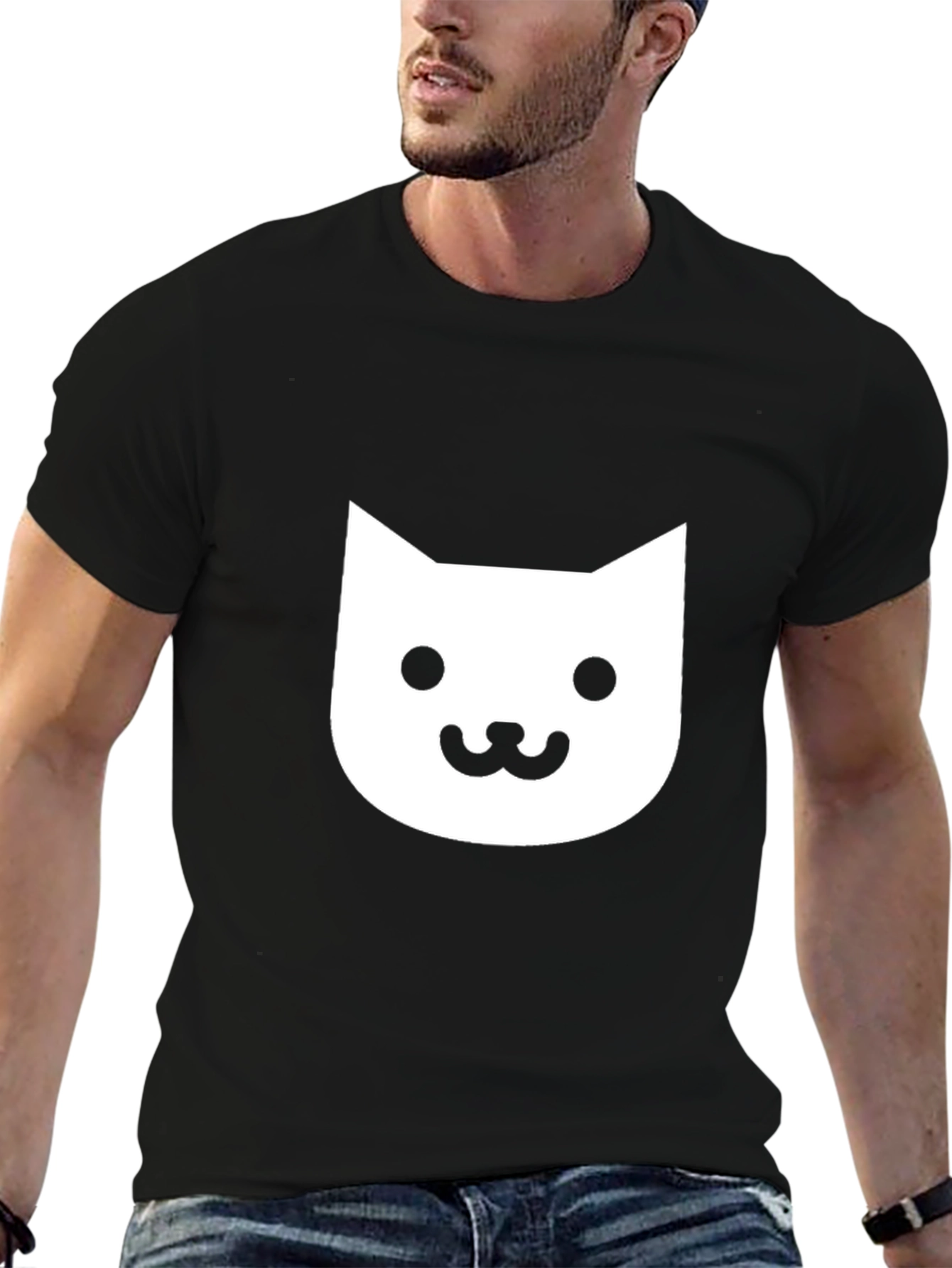 Cute Cat Face Graphic Tee - Black Cotton T-Shirt