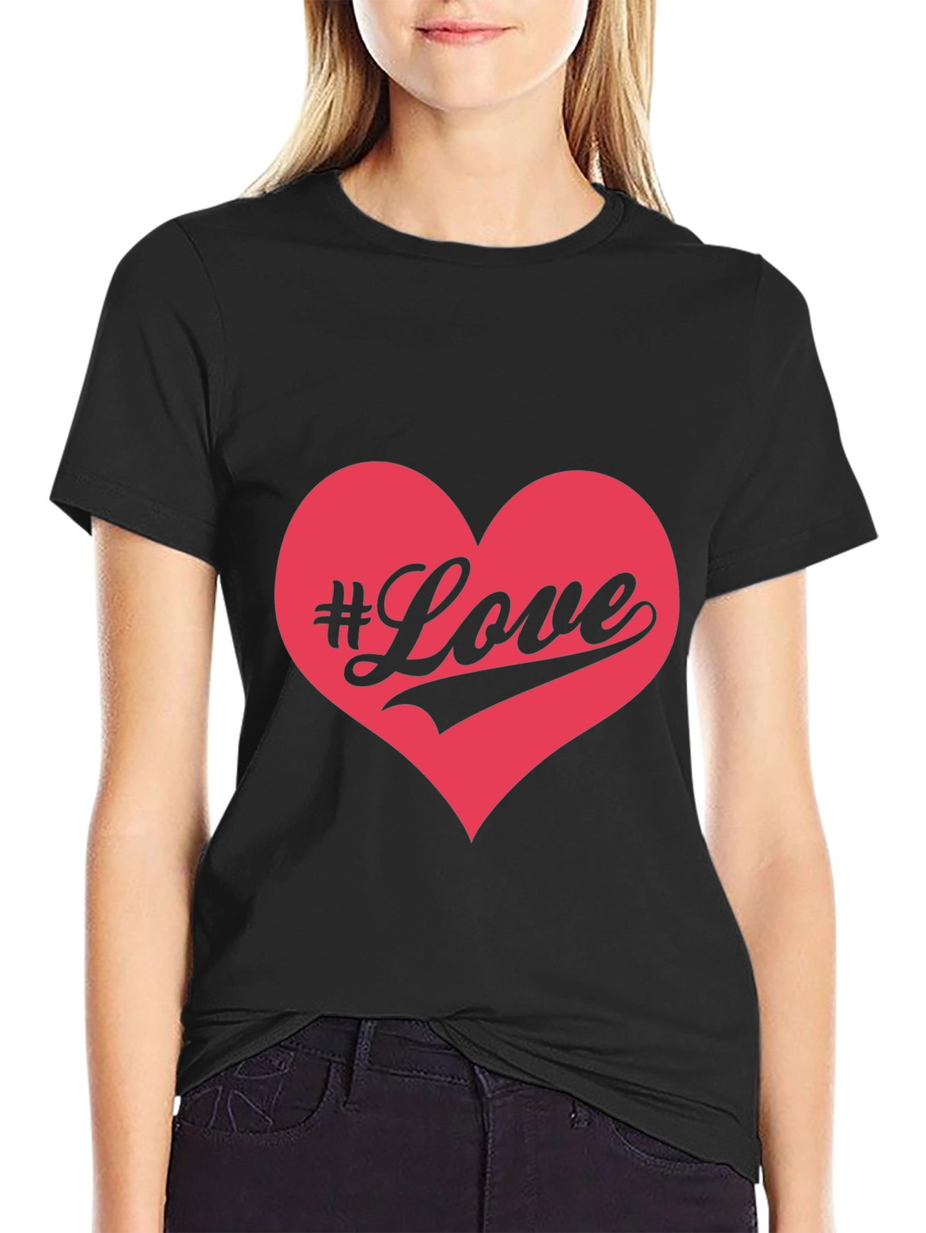#Love Heart Graphic Black T-Shirt