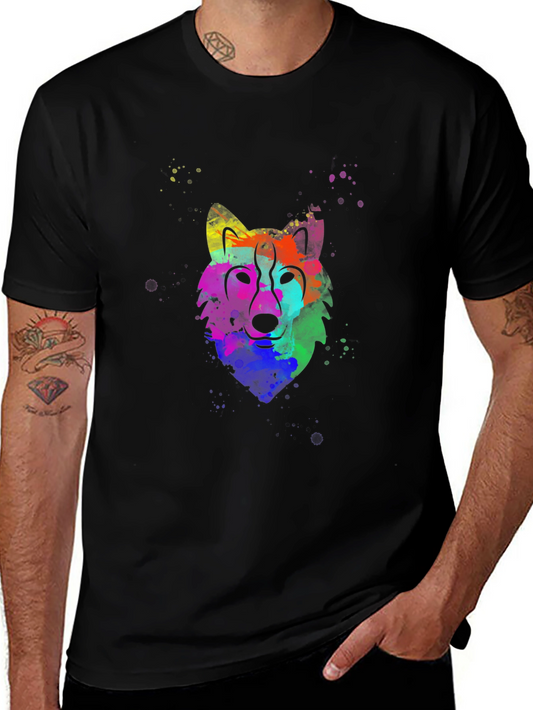 Colorful Watercolor Wolf Graphic T-Shirt - Black