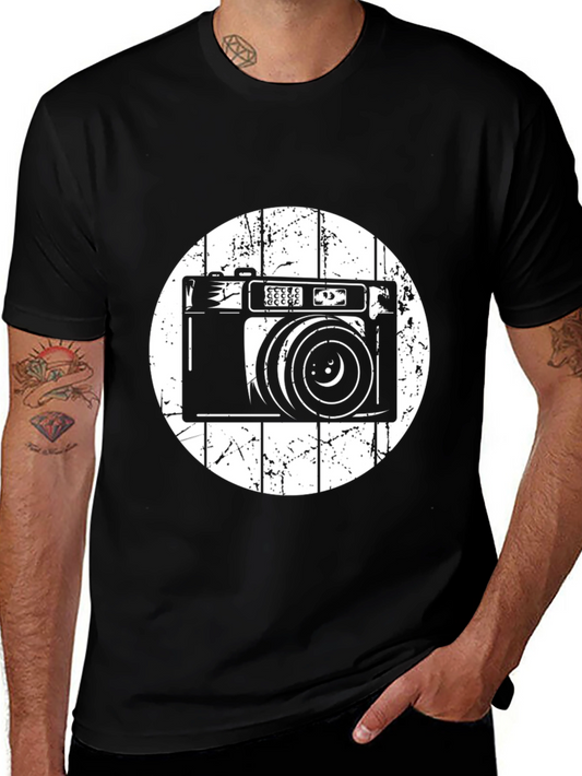 Retro Camera Graphic Tee - Classic Style Black Cotton Blend