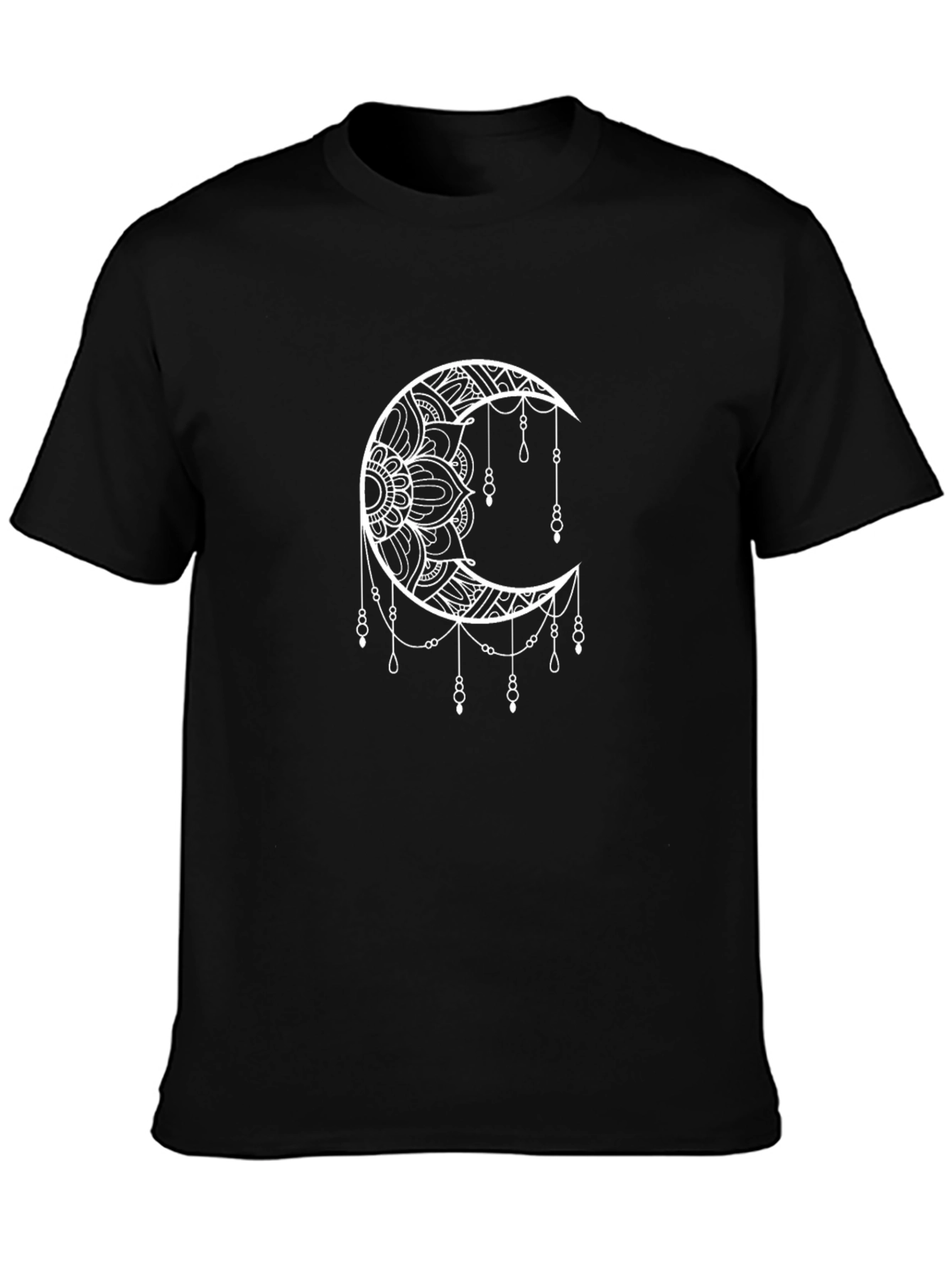 Black T-Shirt with Crescent Moon Mandala Design
