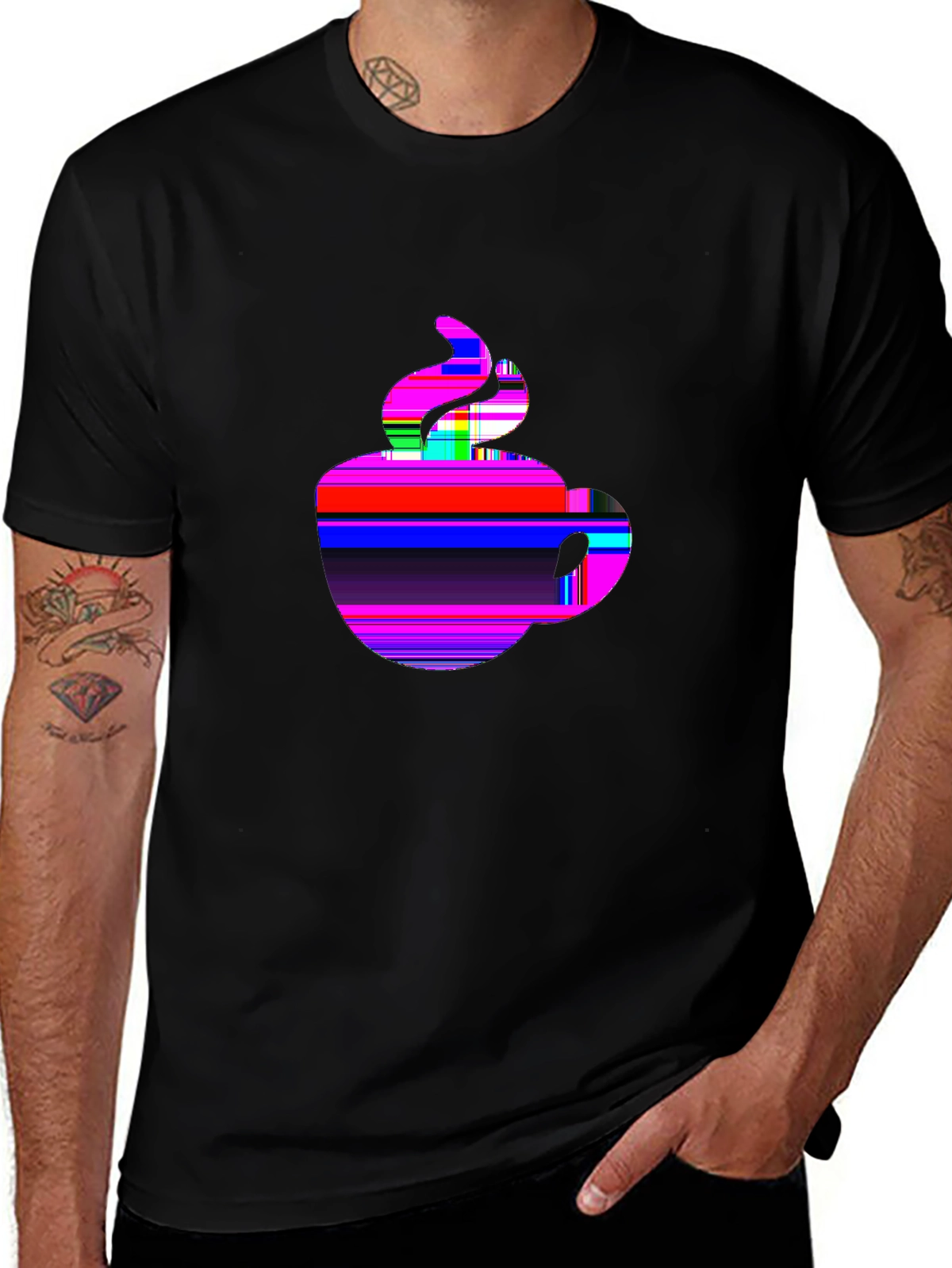Glitch Art Coffee Cup T-Shirt | Neon Retro Vaporwave Tee