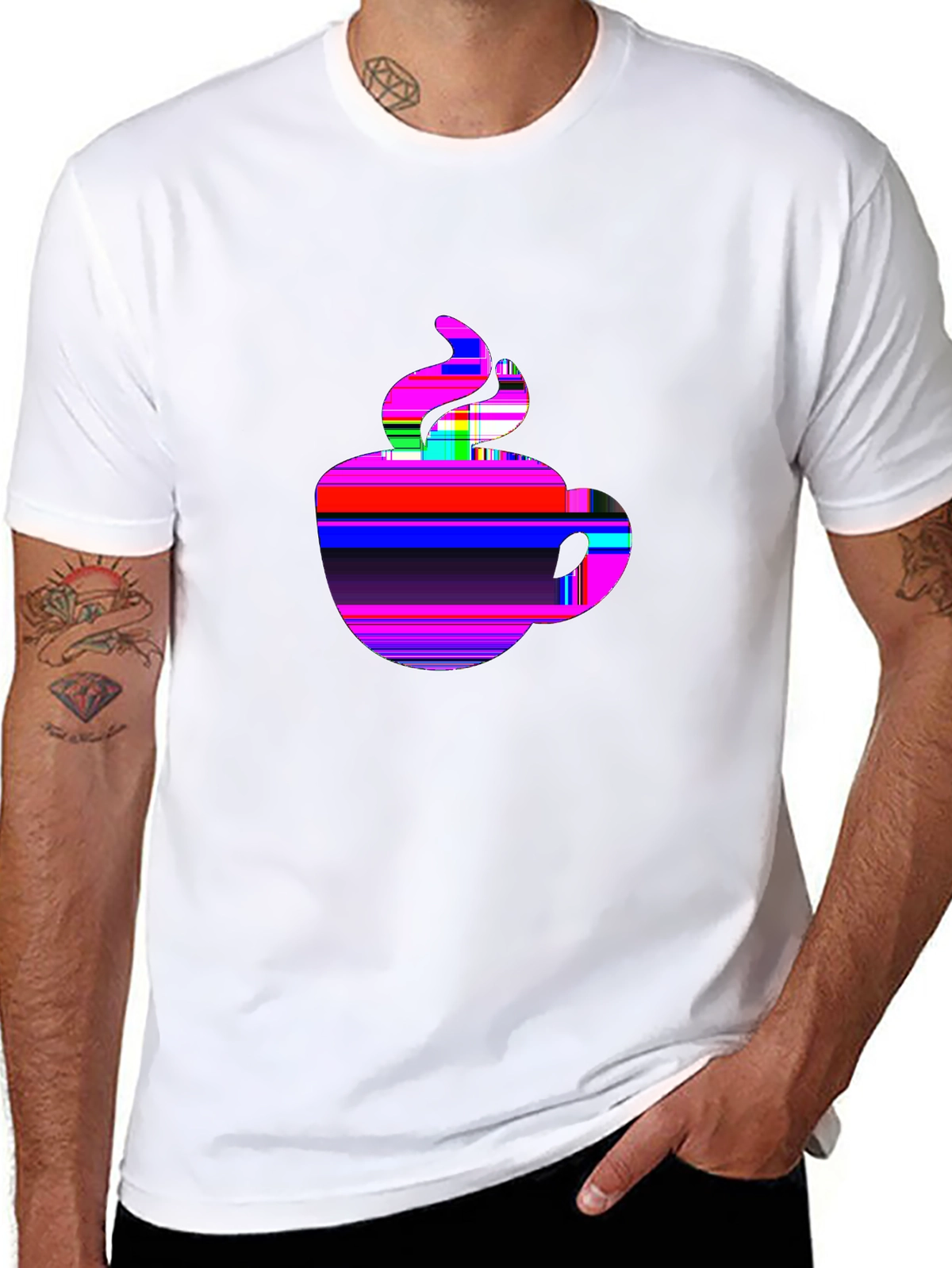 Glitch Art Coffee Cup T-Shirt | Neon Retro Vaporwave Tee