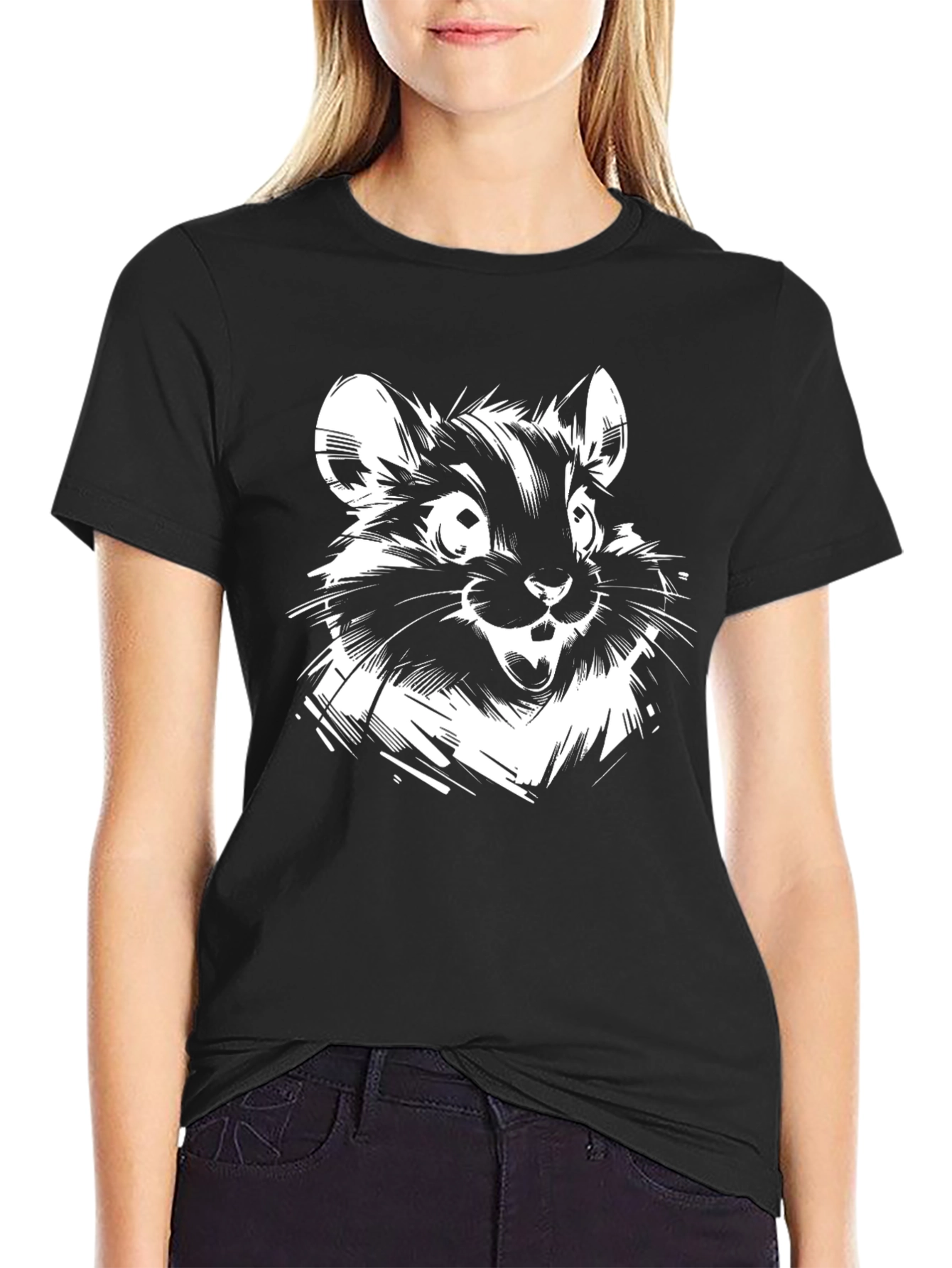Whimsical Rodent Graphic Tee - Black Cotton Blend