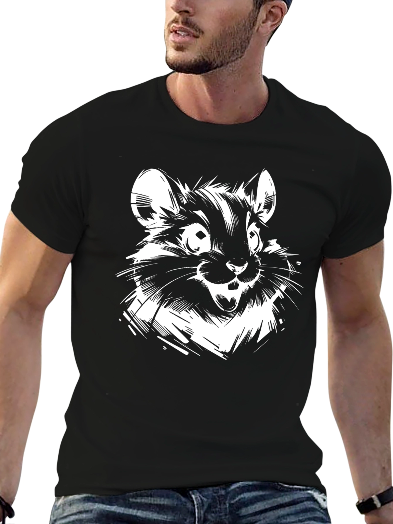 Whimsical Rodent Graphic Tee - Black Cotton Blend