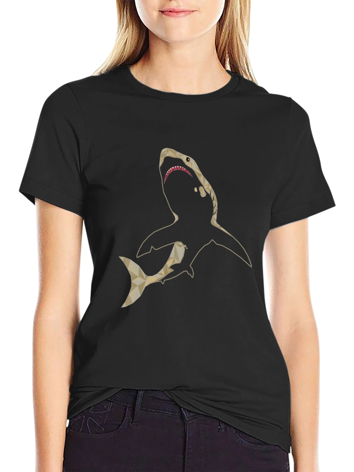 Geometric Shark Graphic Print Black T-Shirt