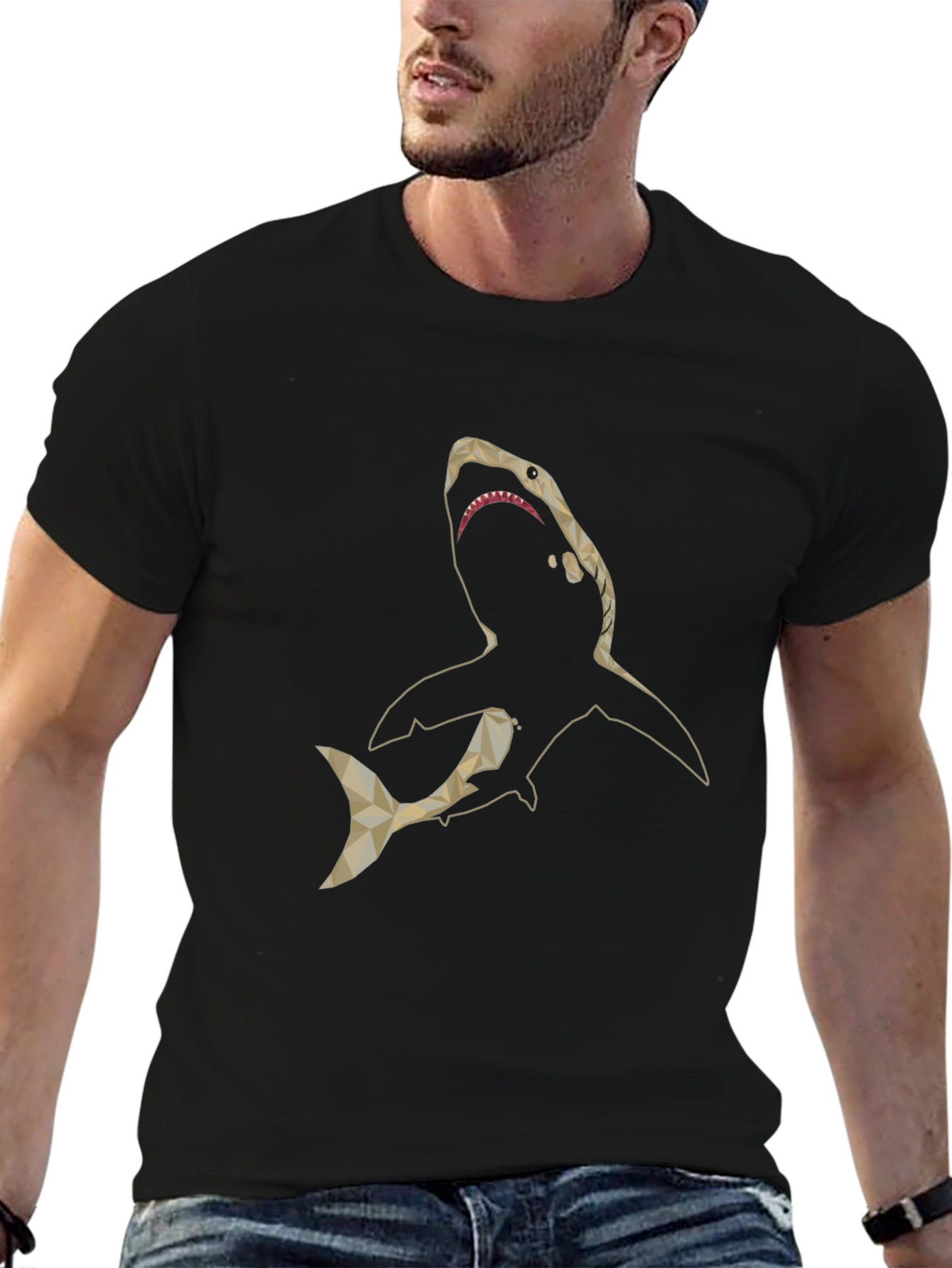 Geometric Shark Graphic Print Black T-Shirt