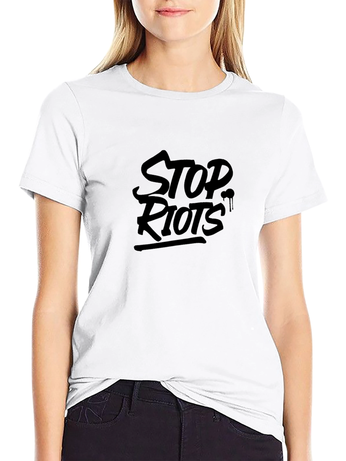 Stop Riots Graphic Print T-Shirt - Black