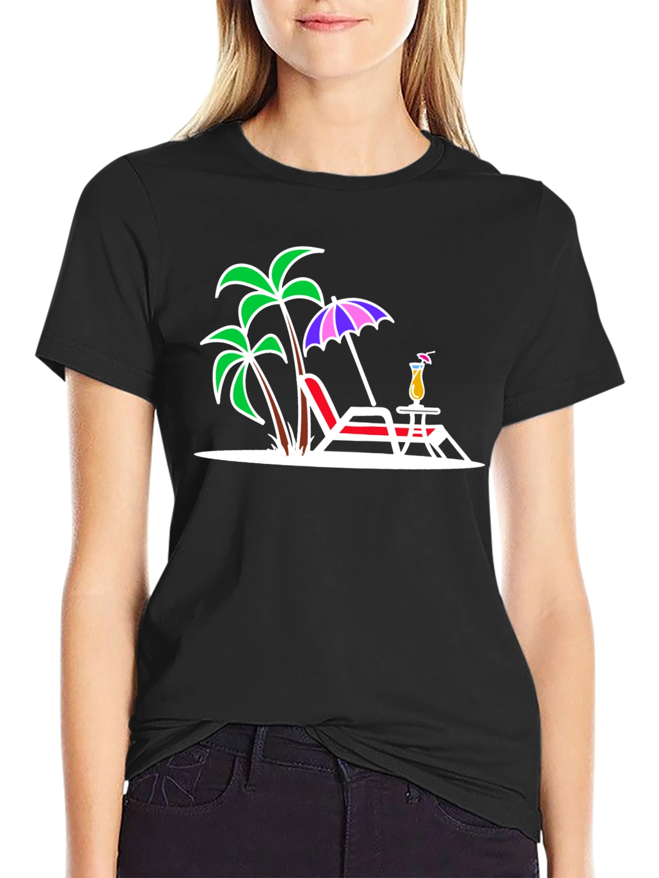 Tropical Beach T-Shirt: Palm Trees Chair & Cocktail Design