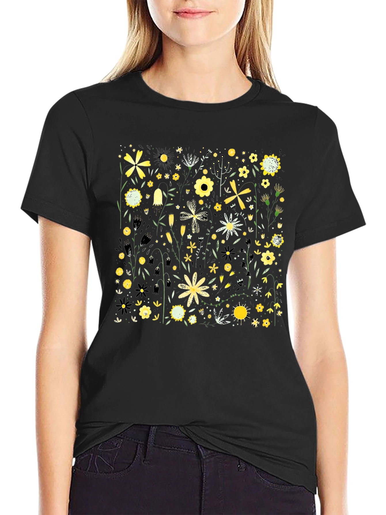 Floral Pattern Black T-Shirt