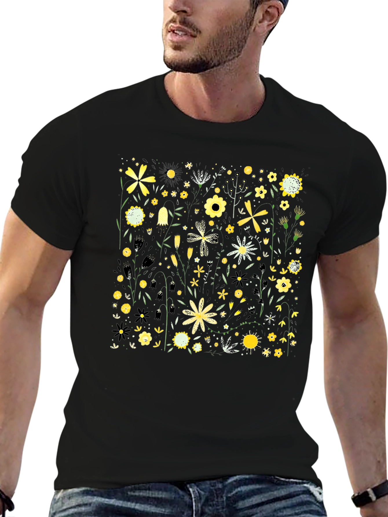 Floral Pattern Black T-Shirt