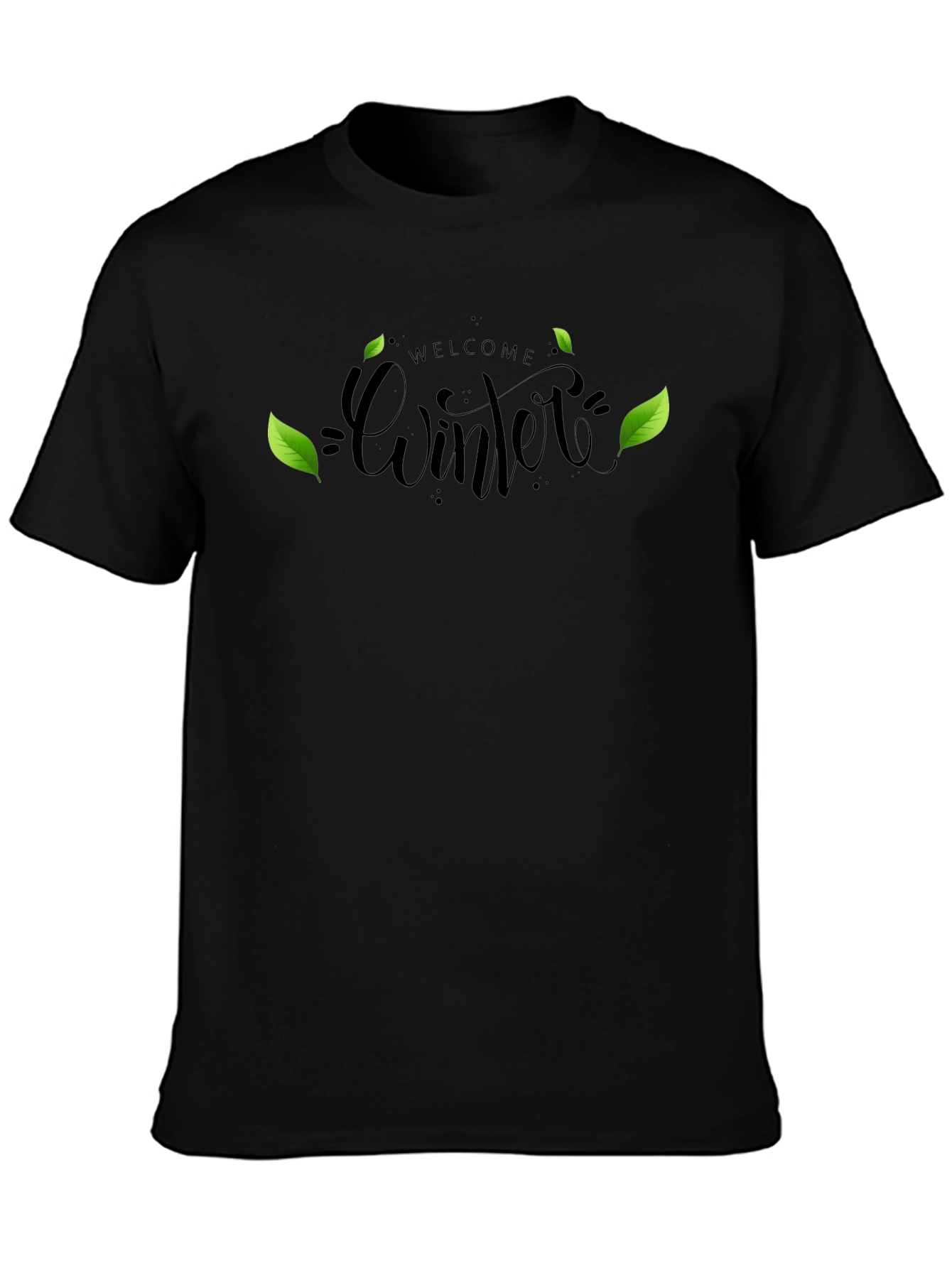 Welcome Winter Black T-Shirt with Leaf Design
