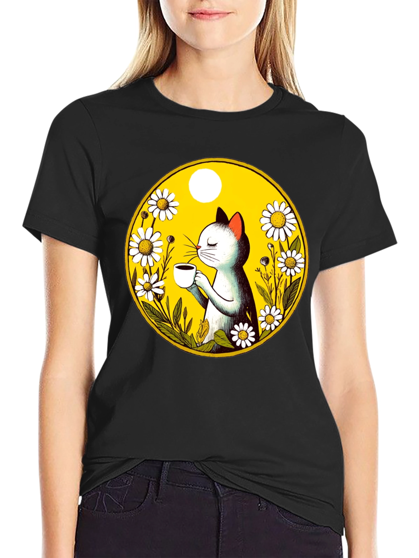 Cat & Coffee T-Shirt - Floral Graphic Tee