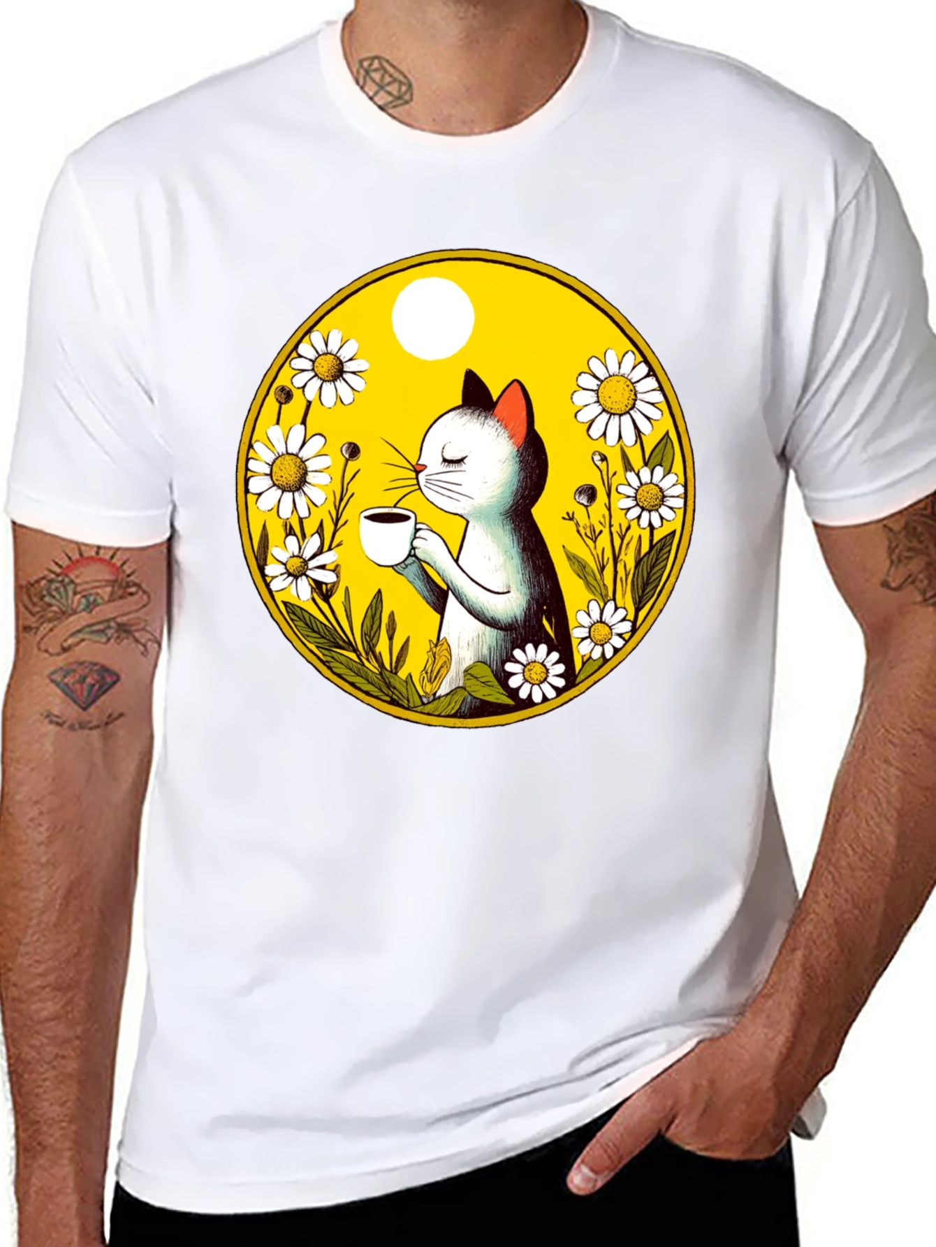 Cat & Coffee T-Shirt - Floral Graphic Tee