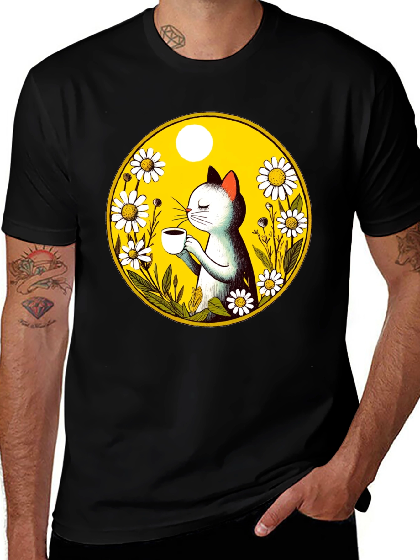 Cat & Coffee T-Shirt - Floral Graphic Tee