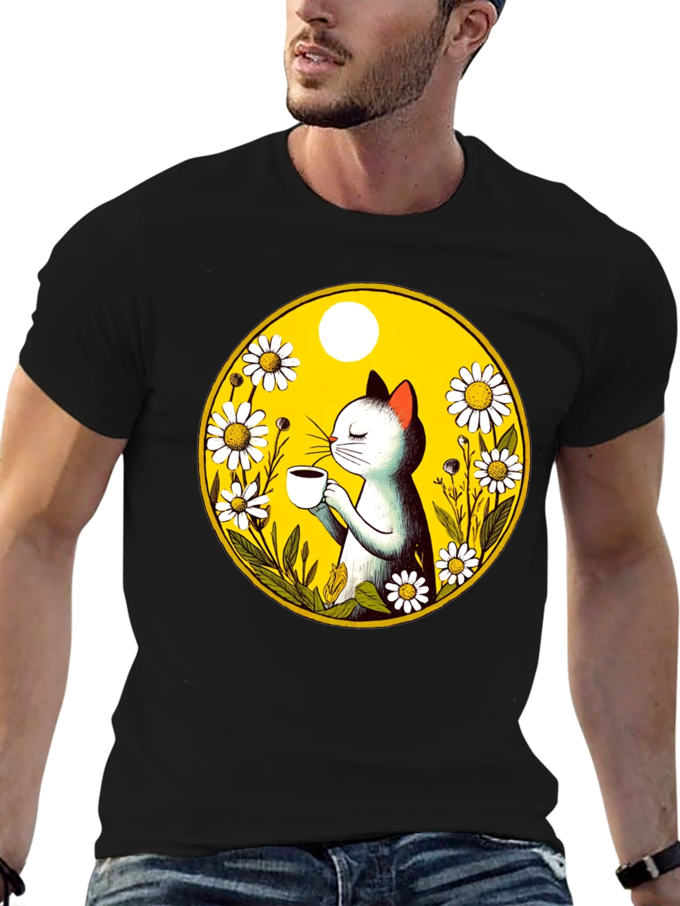 Cat & Coffee T-Shirt - Floral Graphic Tee