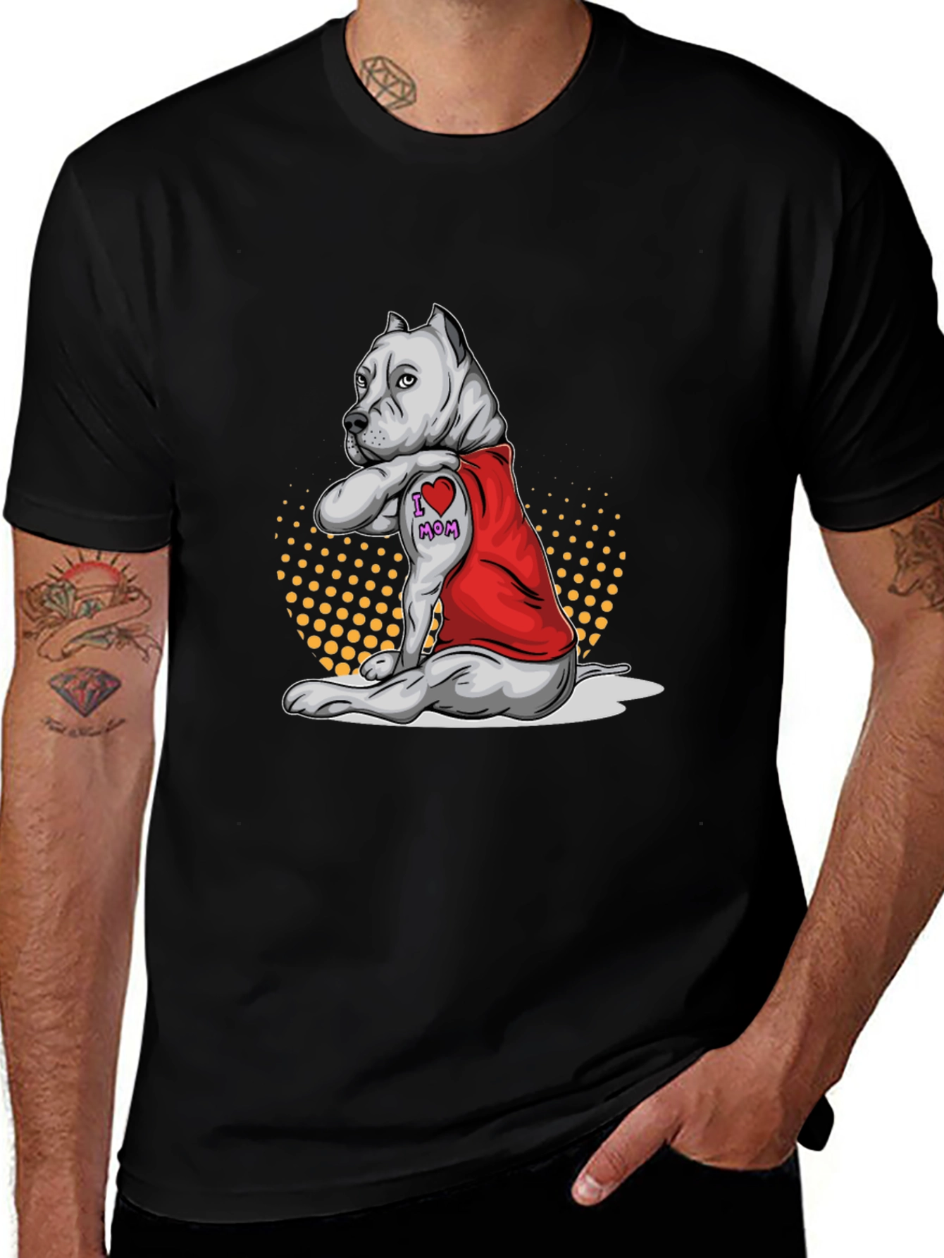 Pitbull I Heart Mom Tattoo Black T-Shirt