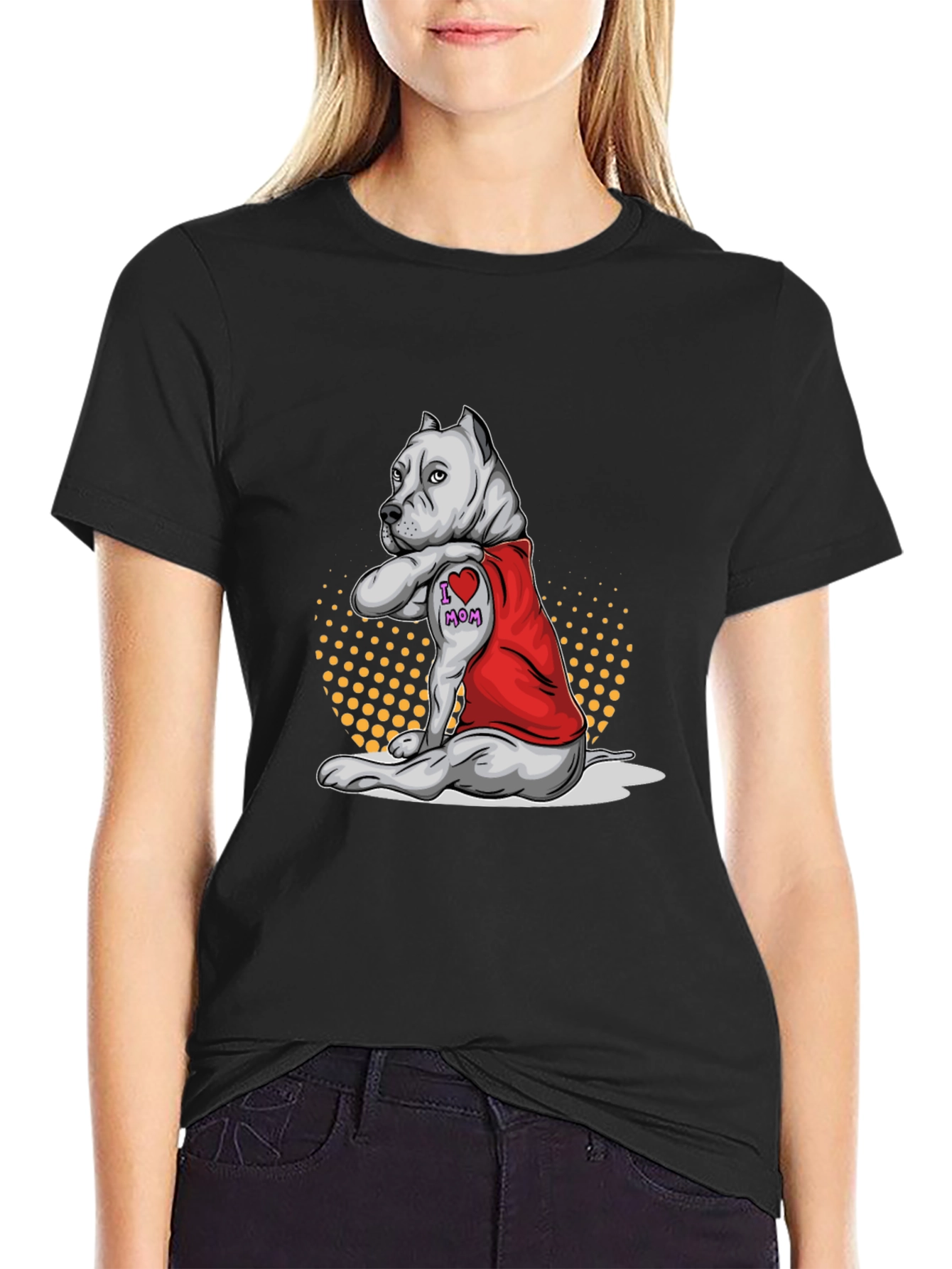 Pitbull I Heart Mom Tattoo Black T-Shirt