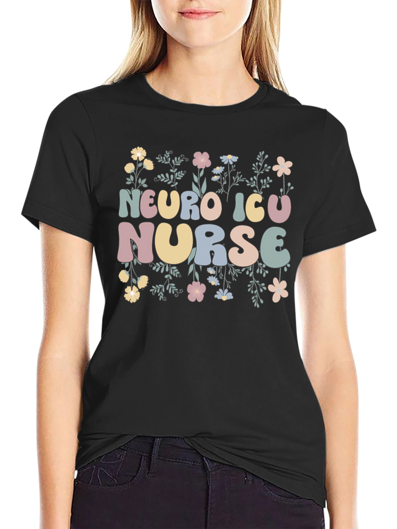 Neuro ICU Nurse Floral Graphic T-Shirt