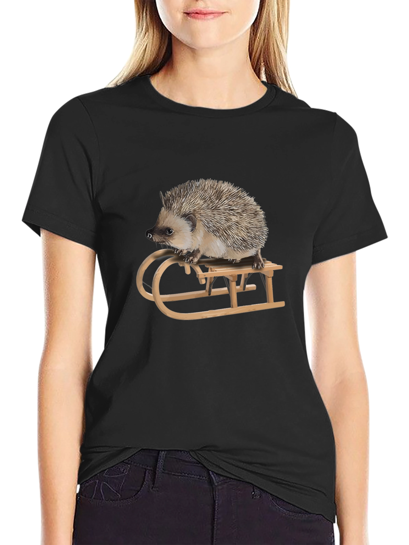 Hedgehog on Sled Graphic Tee -  Unique Animal T-Shirt