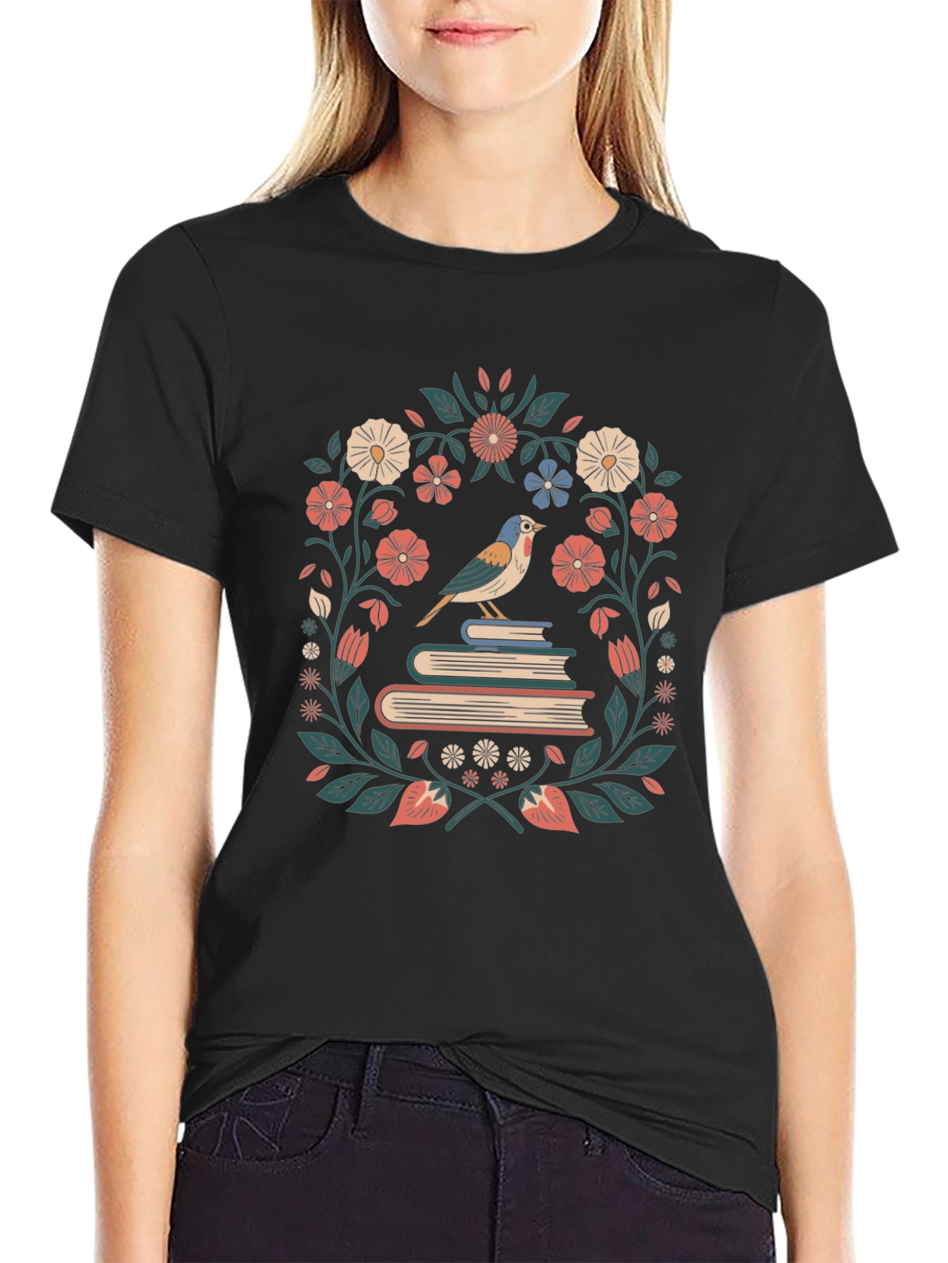 Floral Bird on Books Graphic T-Shirt