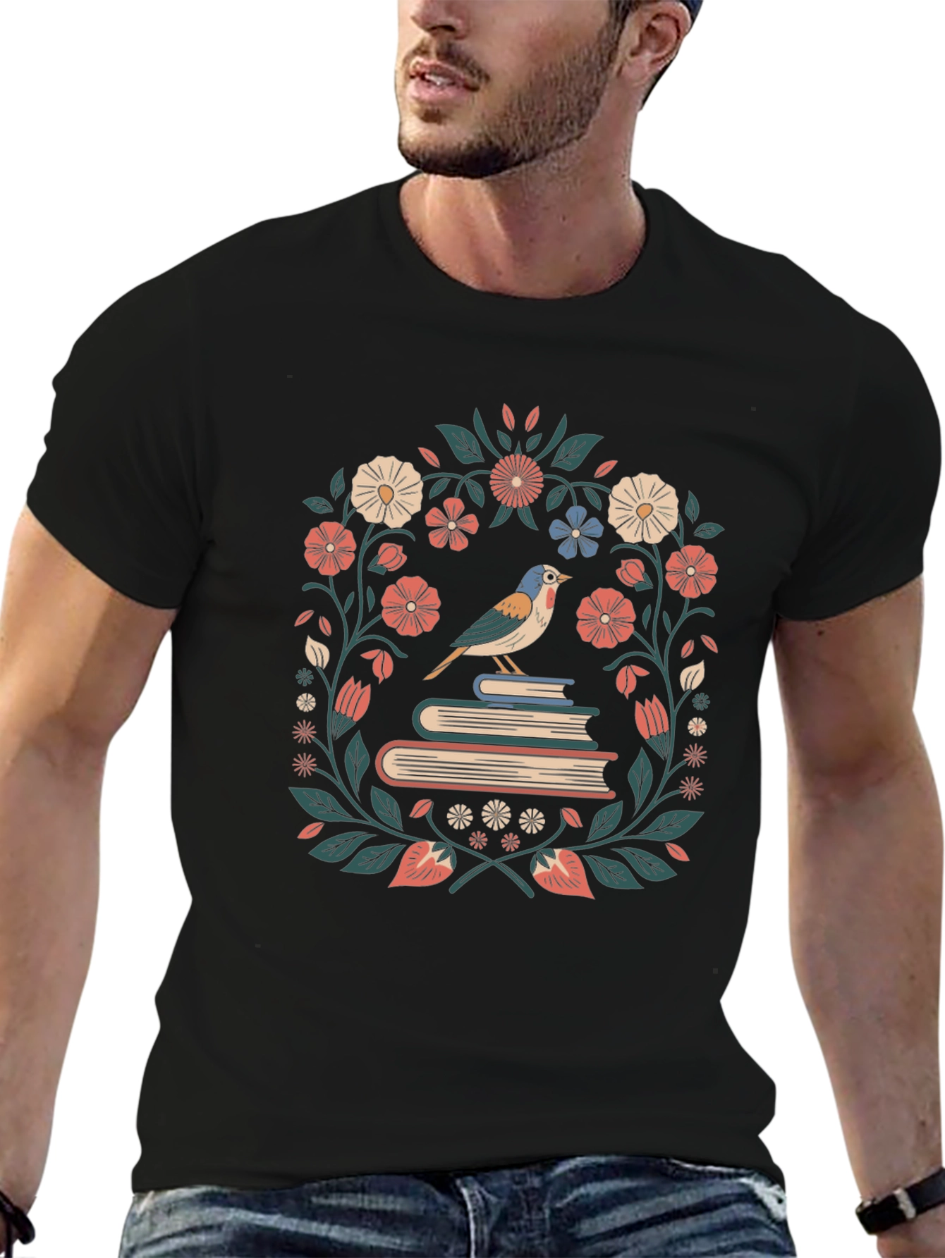 Floral Bird on Books Graphic T-Shirt