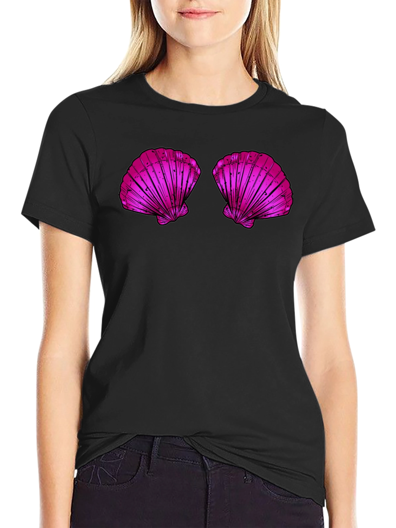 Novelty Shell Bra Graphic Tee - Casual Black T-Shirt