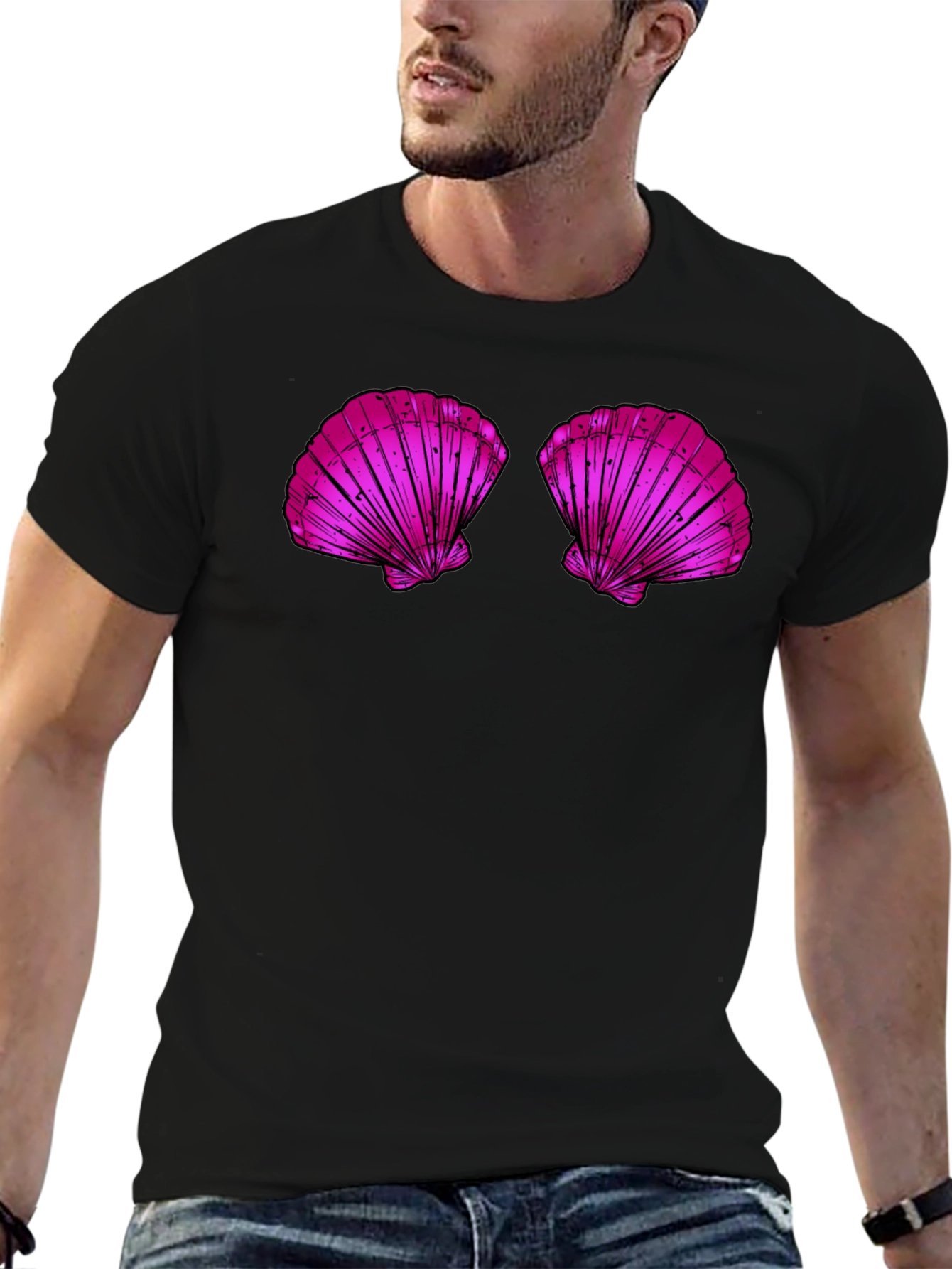 Novelty Shell Bra Graphic Tee - Casual Black T-Shirt