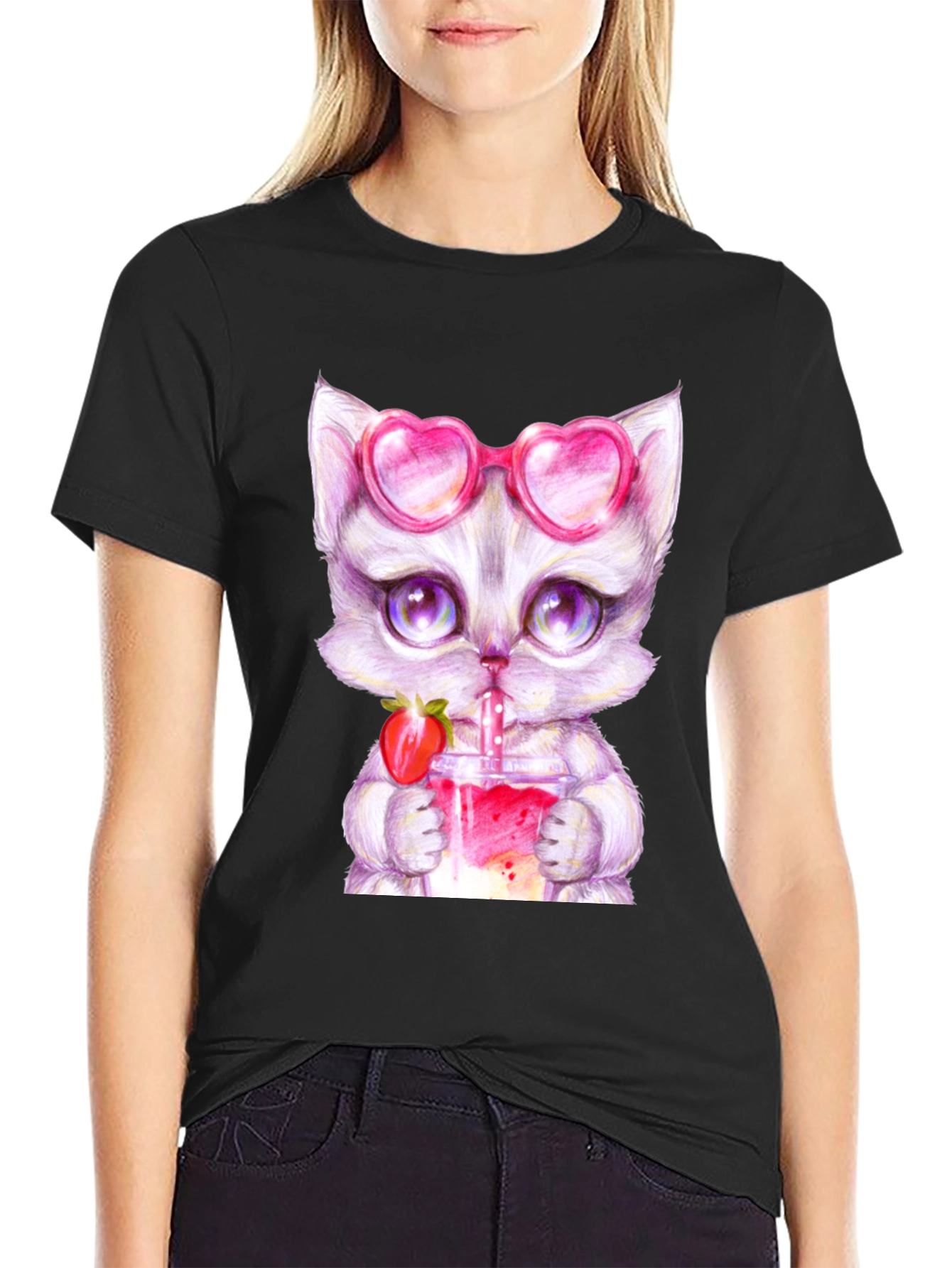 Cute Kitten Strawberry Drink T-Shirt