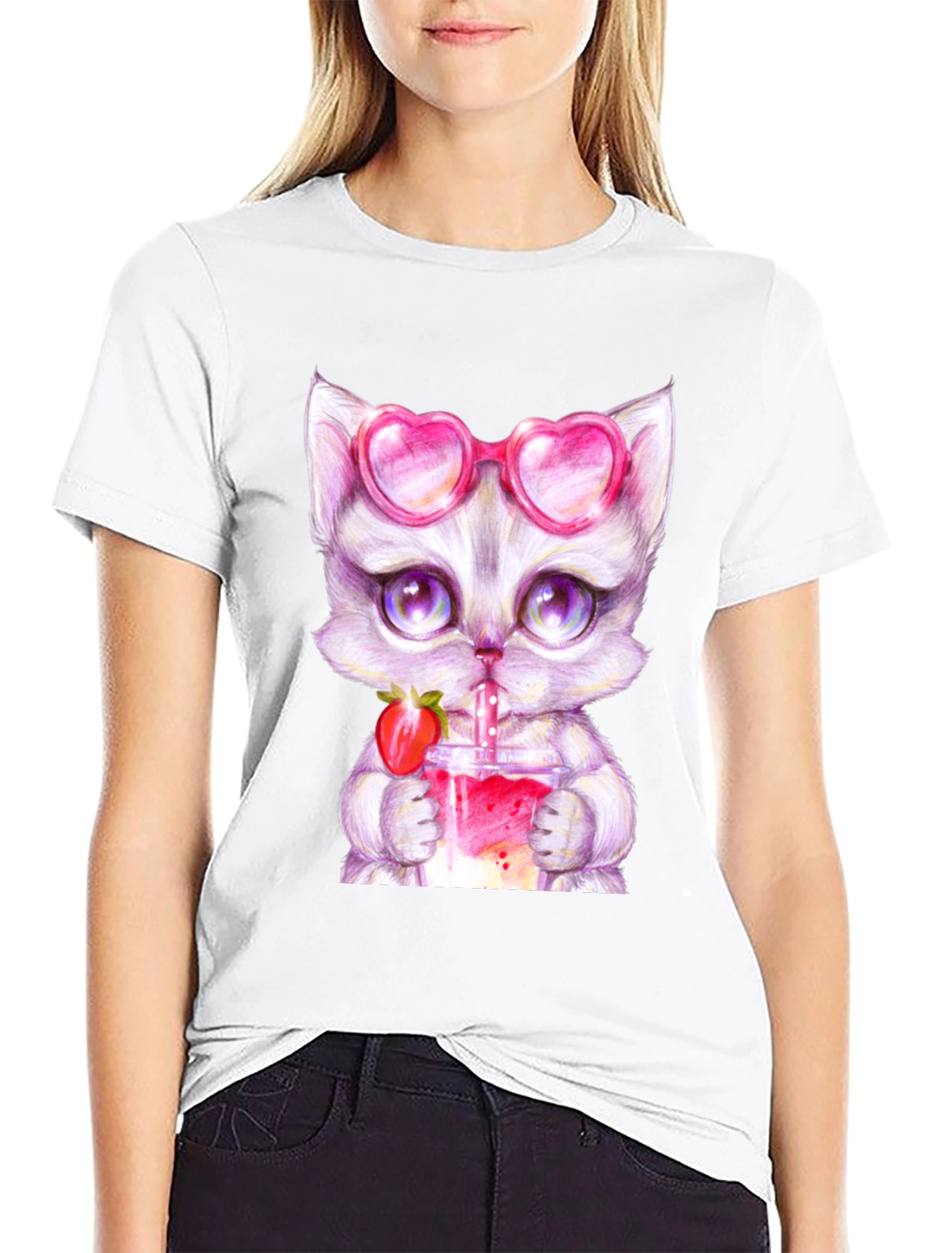 Cute Kitten Strawberry Drink T-Shirt