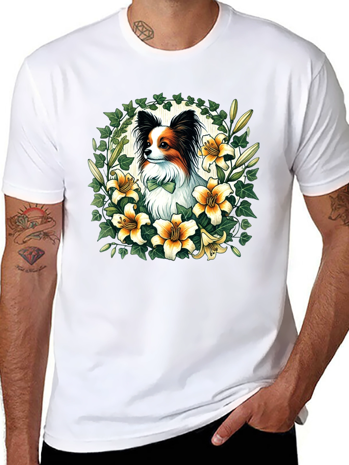 Papillon Dog Floral Wreath T-Shirt