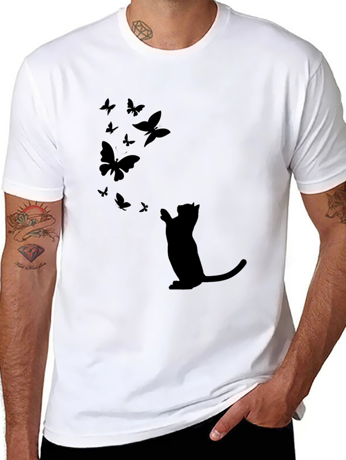 Cat & Butterfly Graphic Black Tee