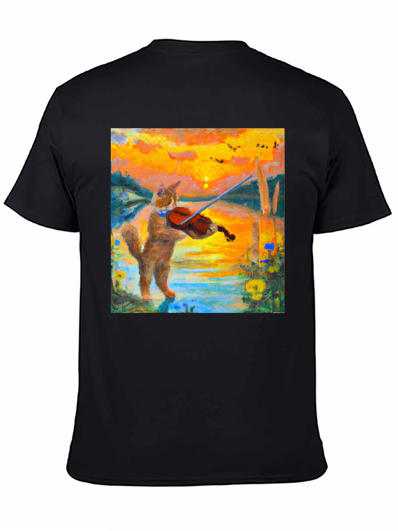 Cat Violinist Sunset Graphic T-Shirt