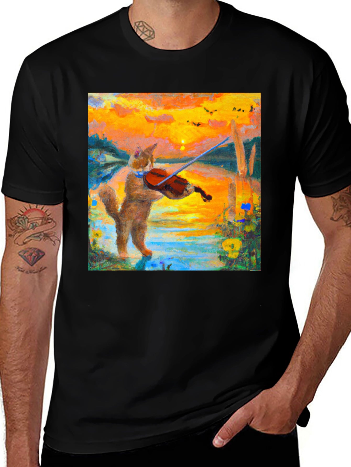 Cat Violinist Sunset Graphic T-Shirt
