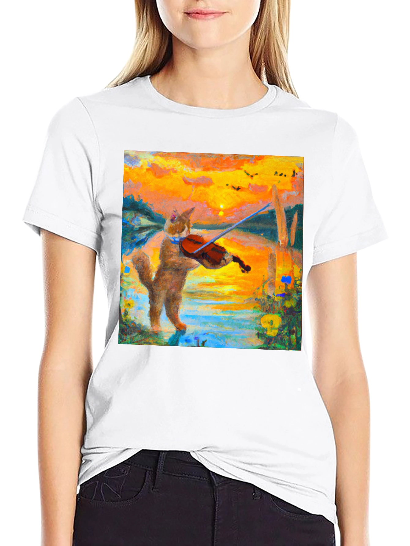 Cat Violinist Sunset Graphic T-Shirt