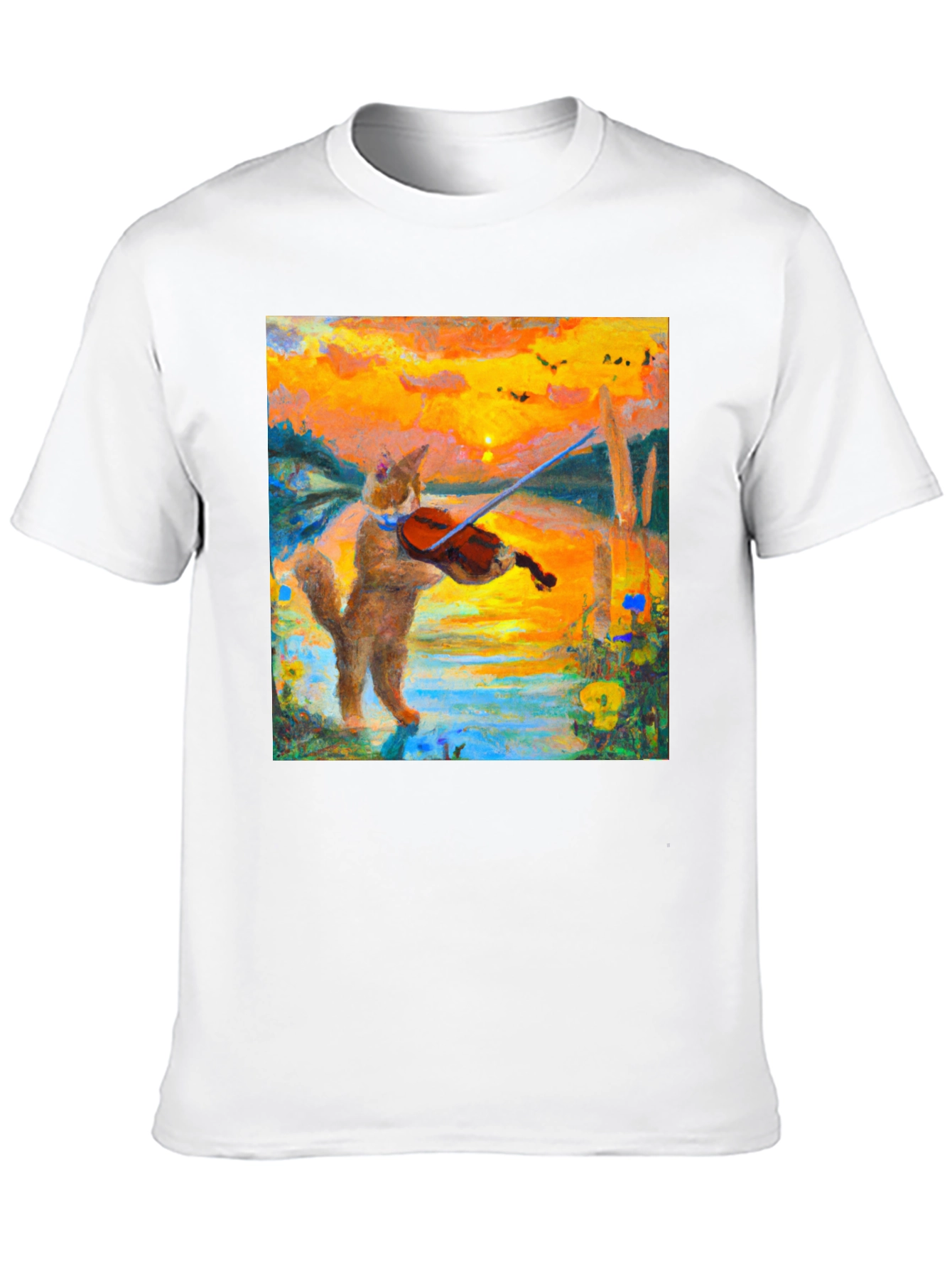 Cat Violinist Sunset Graphic T-Shirt