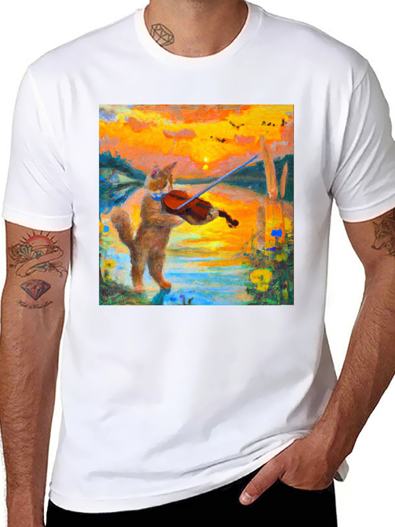 Cat Violinist Sunset Graphic T-Shirt